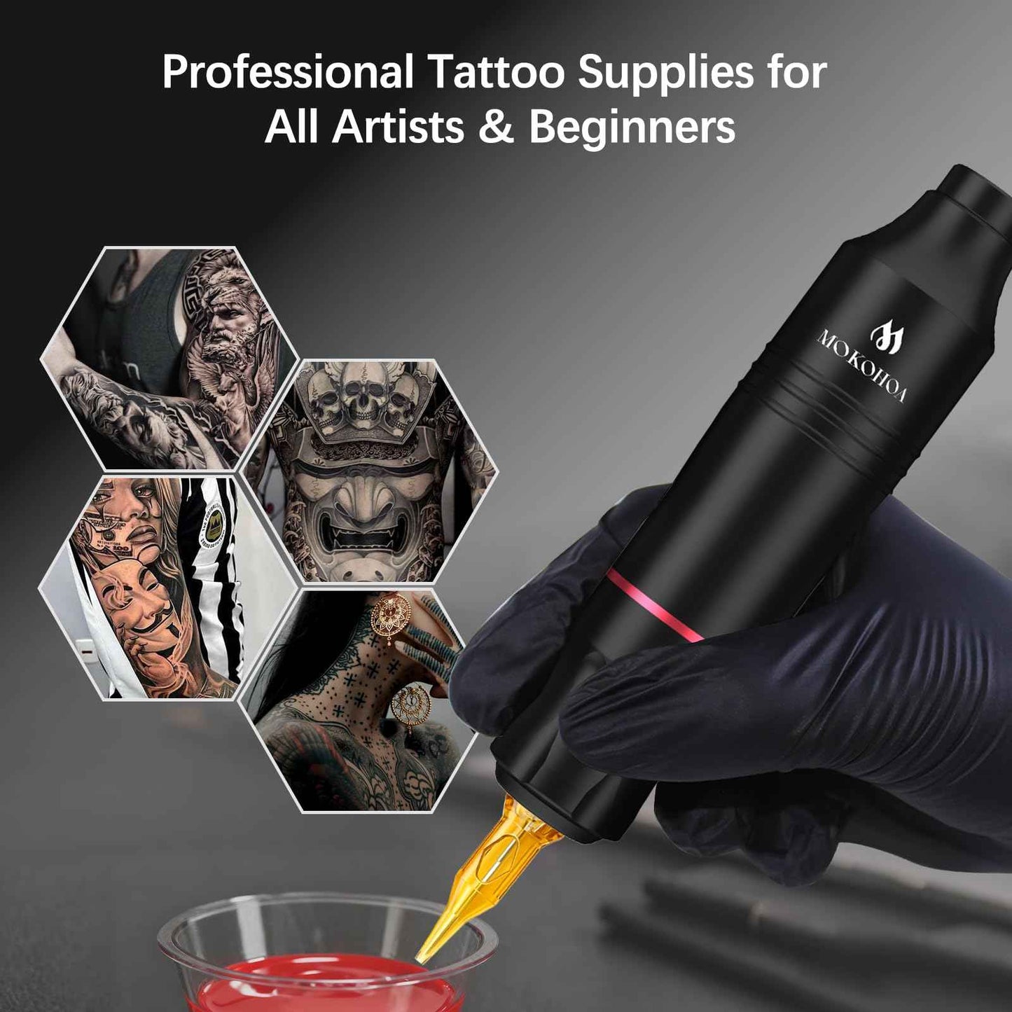 Mokohoa Tattoo Set for Beginners machine Gun Kit, Rotary Powerful Motor,Complete另一Professional Cartridge Needles Stencil Transfer Paper,Proctice Skin and Transfer Paper, Starter Tattoo Ink (Black)