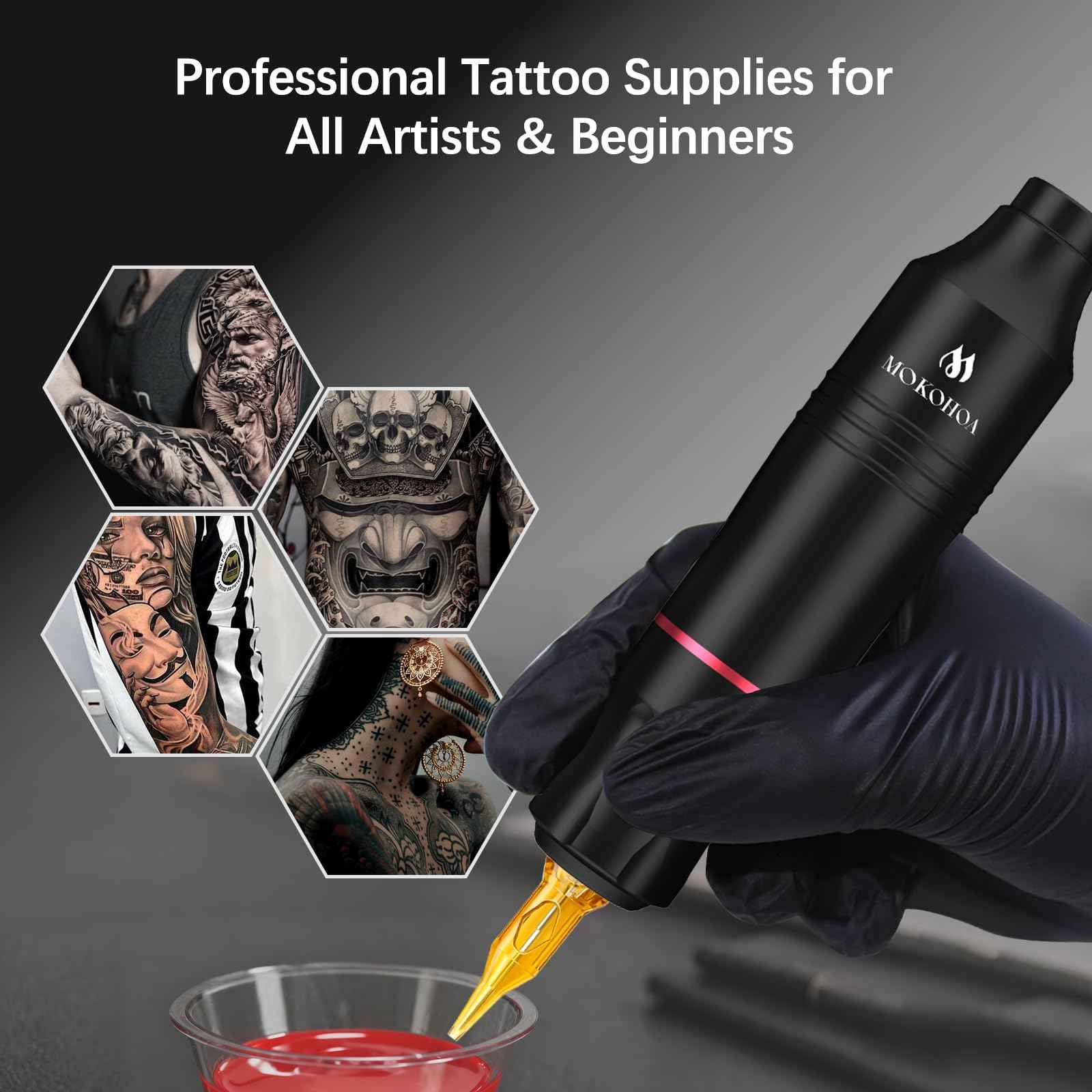 Mokohoa Tattoo Set for Beginners machine Gun Kit, Rotary Powerful Motor,Complete另一Professional Cartridge Needles Stencil Transfer Paper,Proctice Skin and Transfer Paper, Starter Tattoo Ink (Black)