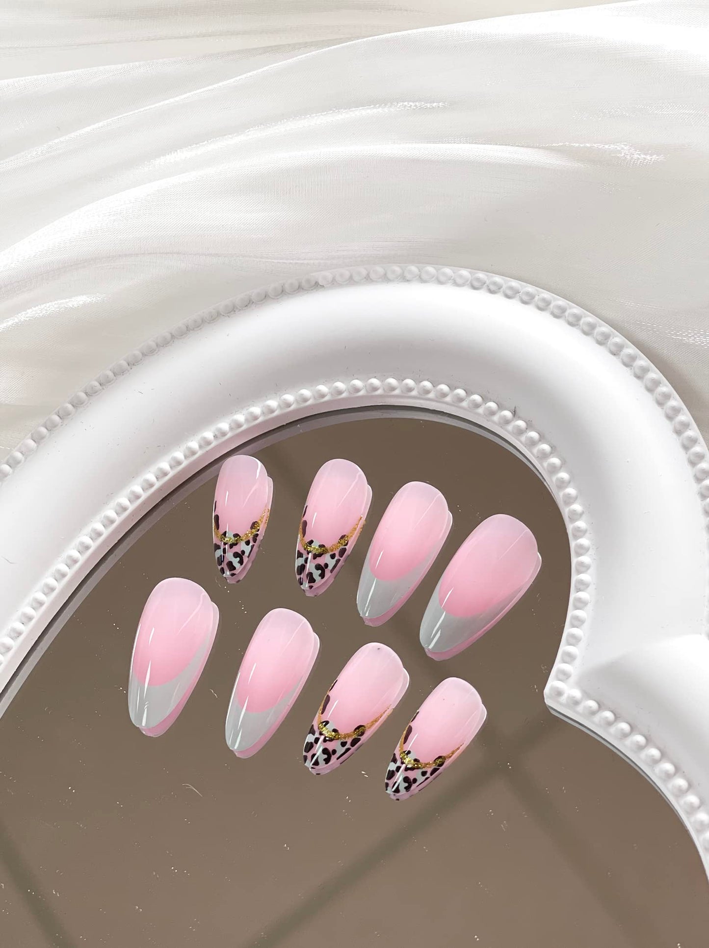 24 Pcs Press on Nails Medium Almond French Tip Fake Nails Leopard Print Full Nails False Nails with Designs Mint Green Nail Tip Stick on Nails Artificial Acrylic Nails for Women Girls