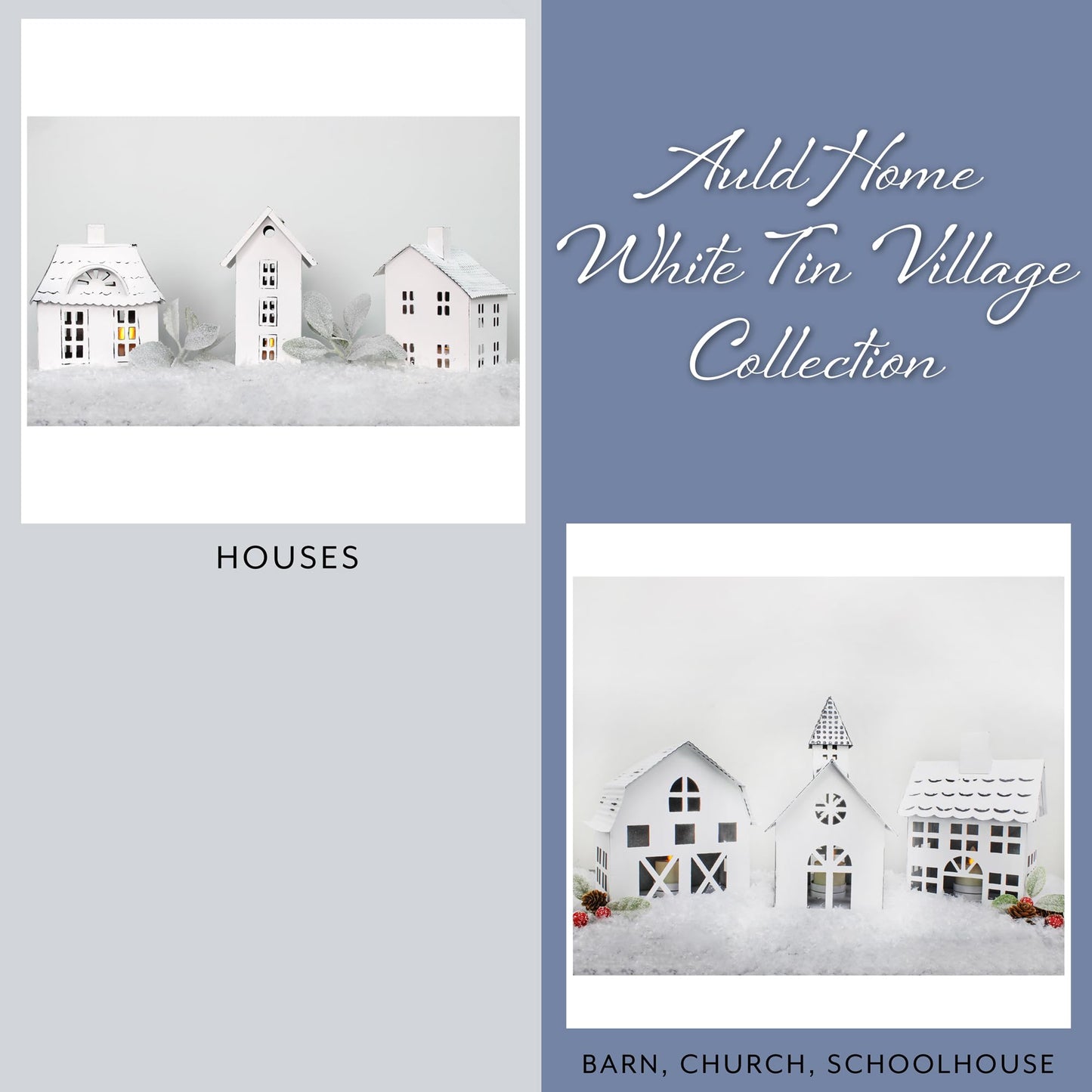 AuldHome Farmhouse Decor Tin Houses (Set of 3, White); Candle Lantern Decorative Holiday Christmas Village Display or Votive Holder