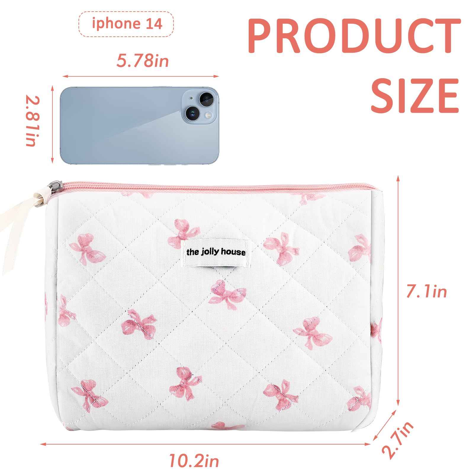 ZLFSRQ Cotton Quilted Makeup Bag for Women Cute Large White Bow Cosmetic Bag Coquette Preppy Zipper Puffy Makeup Pouch for Purse Portable Travel Toiletry Bags Cloth Storage Organizer Skincare Bags