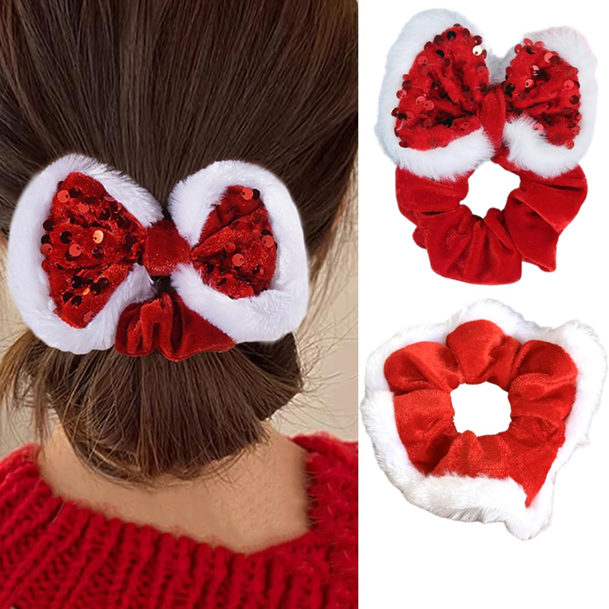 2PCS Christmas Bow Hair Ties Velvet Scrunchies Elastics Hair Band Ponytail Holder Xmas Red Sequins Bowknot Hair Ropes for Women Girls Christmas Hair Accessories