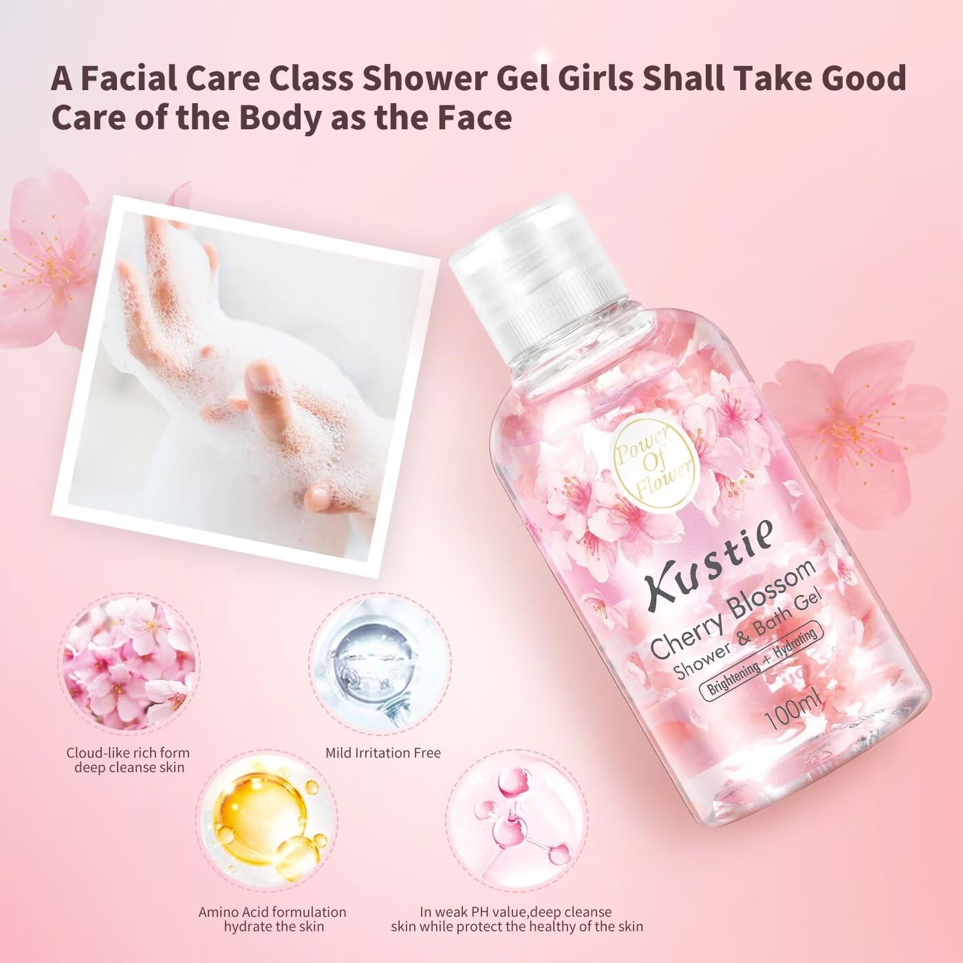 KUSTIE Travel Size Body Wash, Shower Gel, Body Wash Women With Real Cherry Blossom Petals, Deep Moisture For Dry Skin, 24hr Renewingr Mild And Lasting Fragrance (3.38oz)