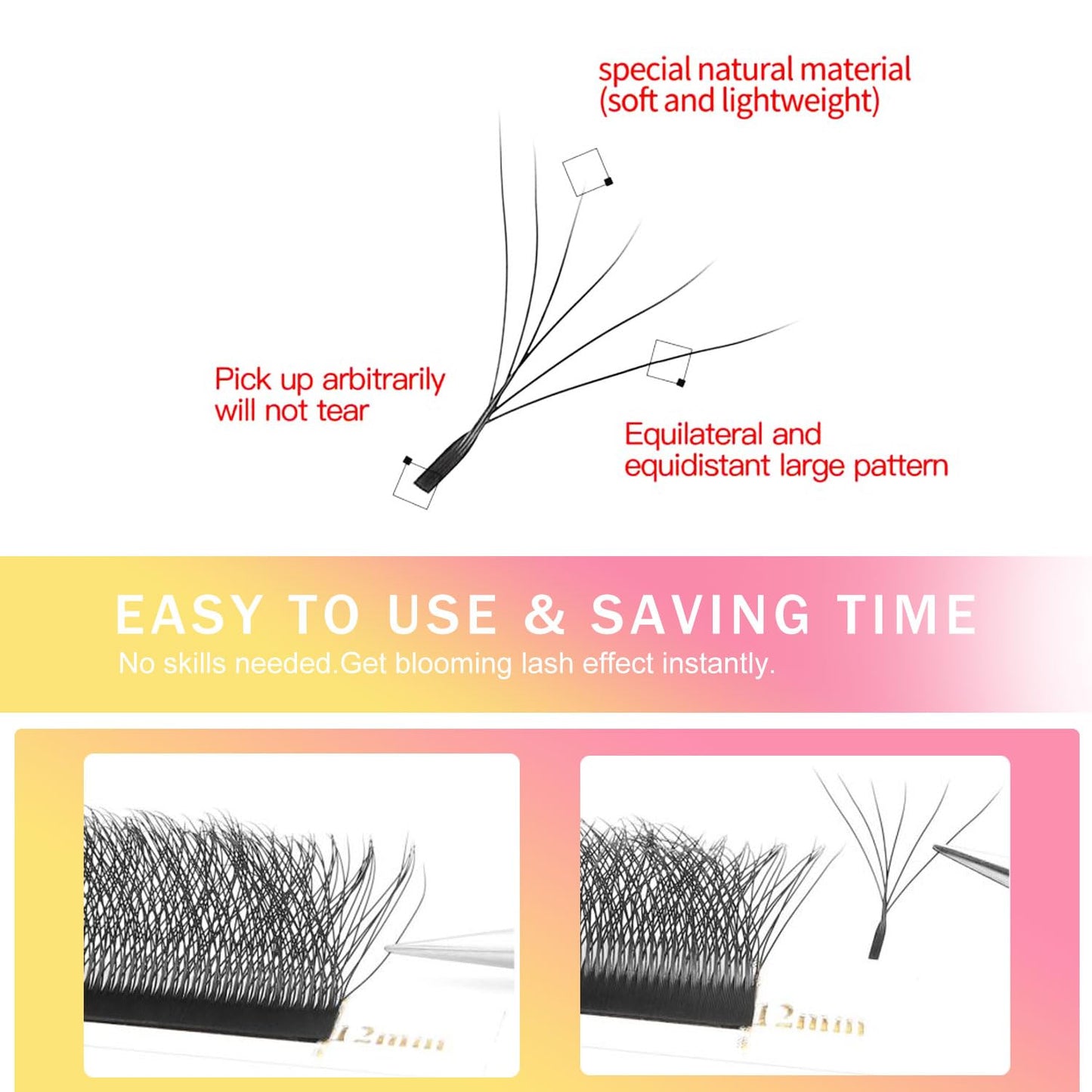 Lash Extensions 6D Eyelash Extensions W Lashes 0.07mm Thickness D Curl Lashes Mix 8-15mm Soft Lash Trays Pestañas Pelo a Pelo Natural Matte Black False Eyelashes Individual Lashes(W-6D-0.07-D,8-15mm)