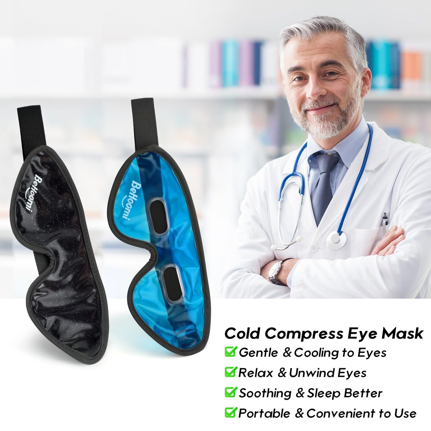 BeHoomi Cooling Eye Mask, Gel Eye Mask Cold Compress for Eyes, Reusable Eye Ice Pack, Cool Relaxation, Comfort Snug Fit, No Freeze, Eye Cover Ice Mask for Home, Office, 2PCS,Black & Blue