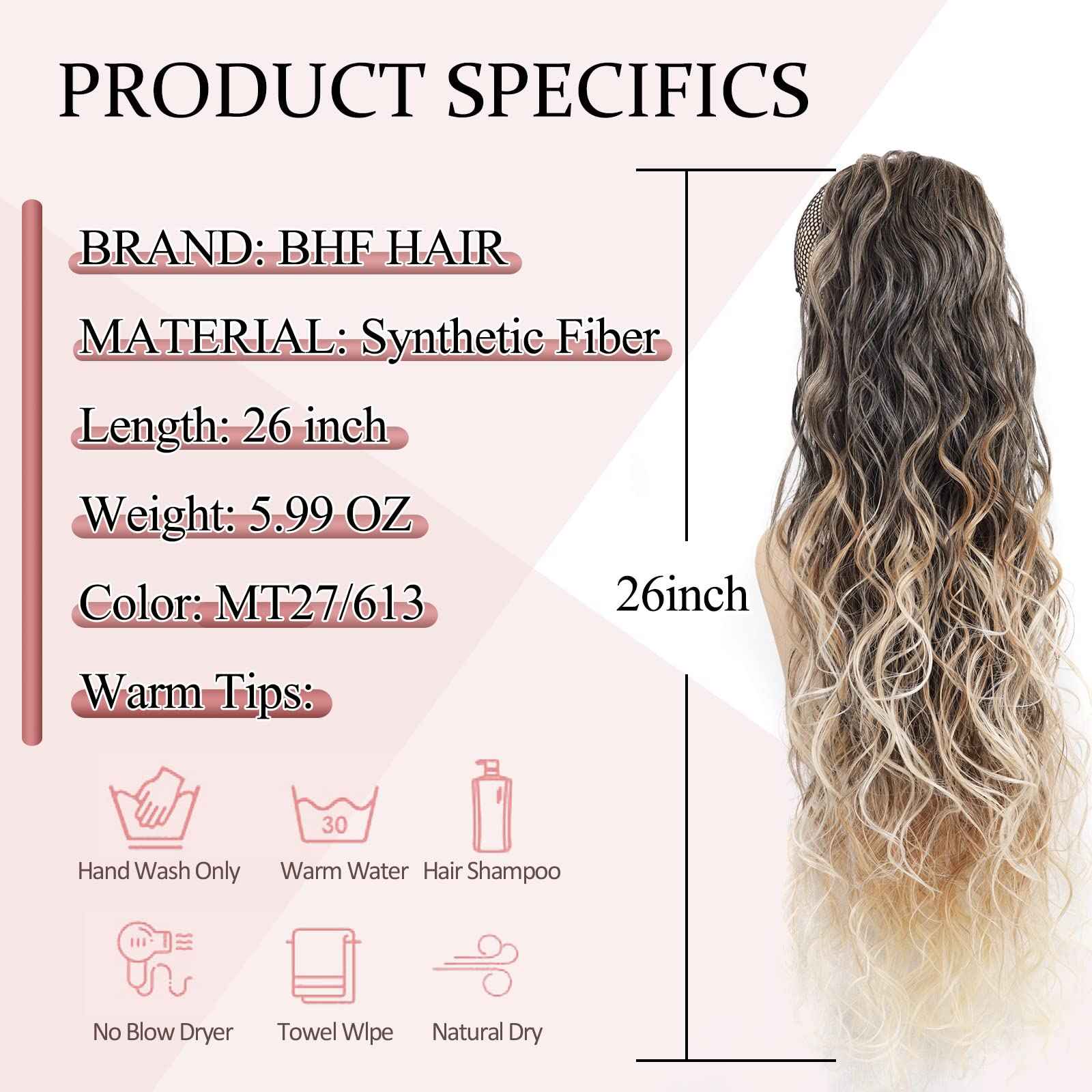 BHF HAIR Curly Drawstring Ponytail Extension 26 Inch Wavy Ponytail Clip in Curly Synthetic long Hair Extensions for Women(Brown to Blonde 6OZ)
