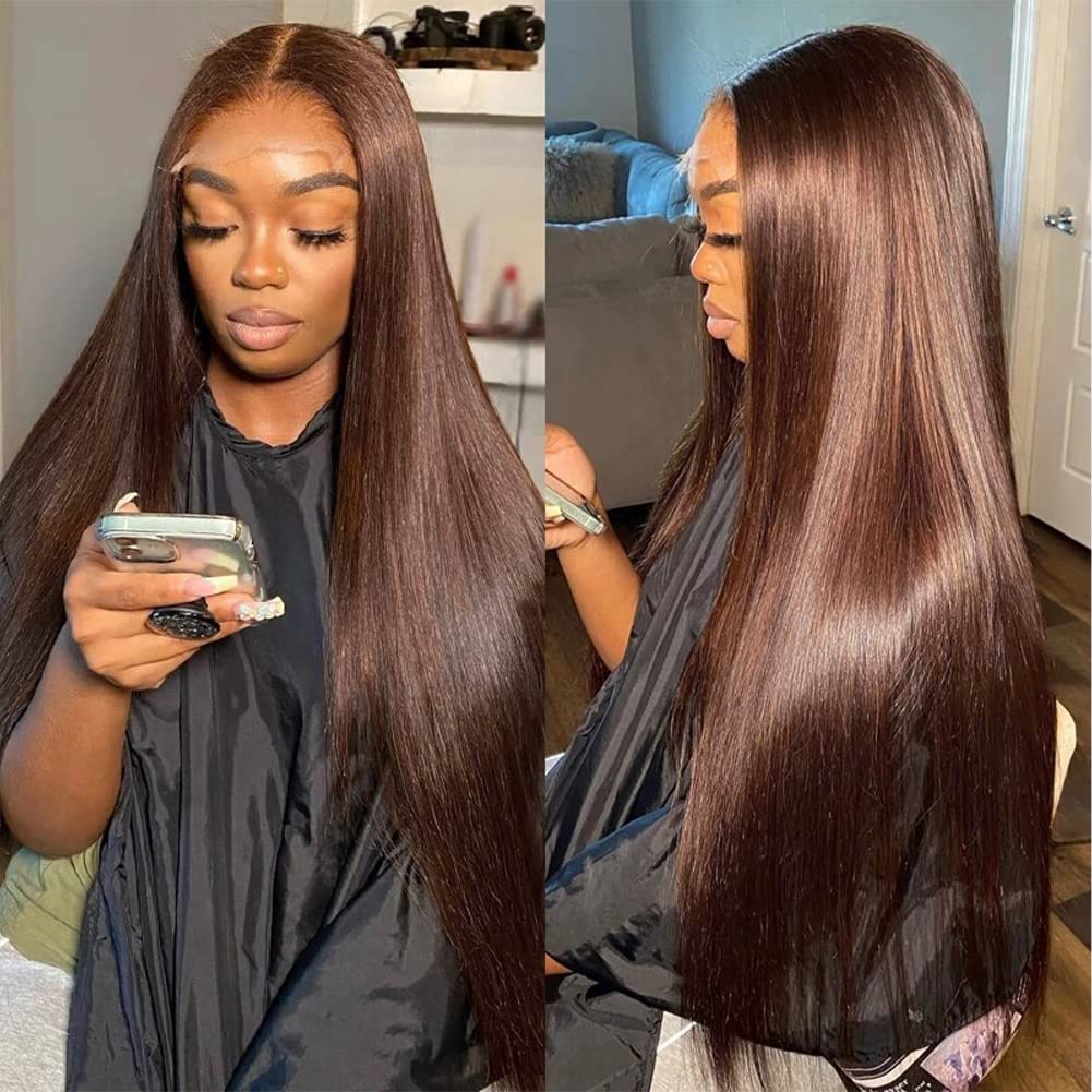 Hermosa 13x4 Chocolate Brown Lace Front Wigs Human Hair with Baby Hair 180 Density Straight Lace Frontal Human Hair Wigs Pre Plucked Hairline 4# Brown Wig 26 Inch