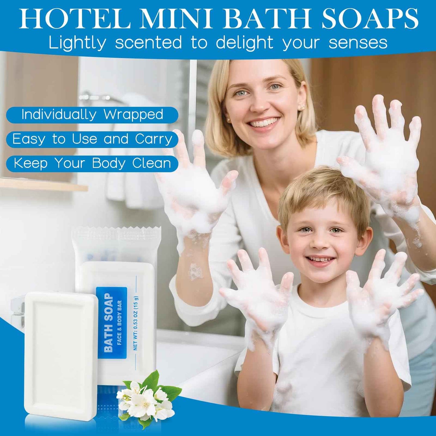 HAIFOTRVA 100 Pack Mini Travel Size Bar Soap Bulk,0.53 oz/15 grams Individually Wrapped Small Disposable Hotel Soap Bars Toiletries for Church,Homeless Gifts,Bathroom,Guest