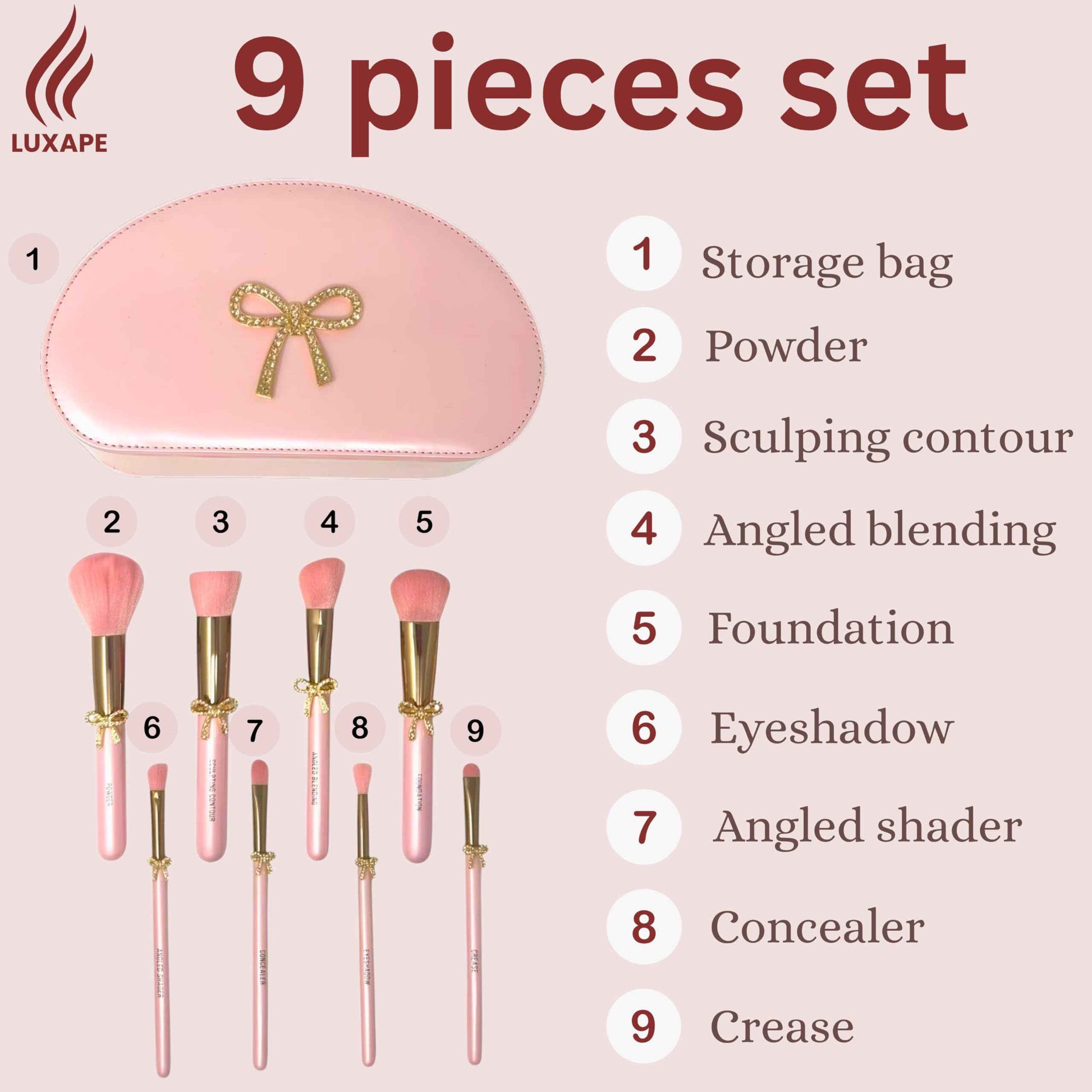 LUXAPE Bow Makeup Brush Set – 9-Piece - Pink bow makeup bag Coquette with Gold Bow & Storage Bag – Beginner Friendly makeup Brushes for Foundation, Contour & More