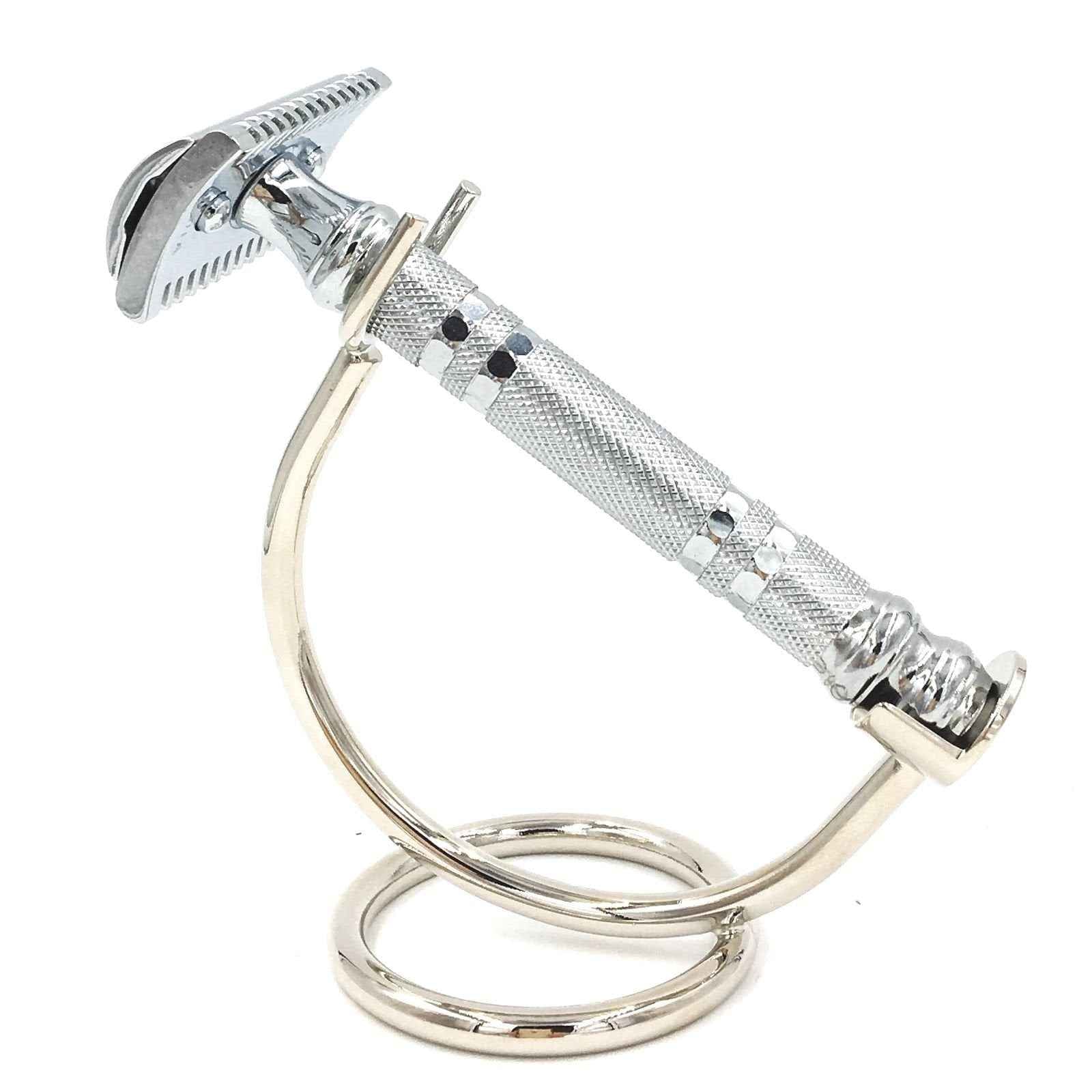 Super Safety Razors, Curved Chrome Razor Stand – All-Metal Chrome-Plated Holder for Safety Razors with Handle Length 80 mm & Up – Sleek Finish & Sturdy Design