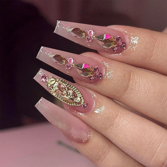 MERVF Coffin Press on Nails Long Fake Nails Rhinestones Press ons Glue on Nails with Design Ballerina Luxury Nude Acrylic False Nails Glossy 24pcs