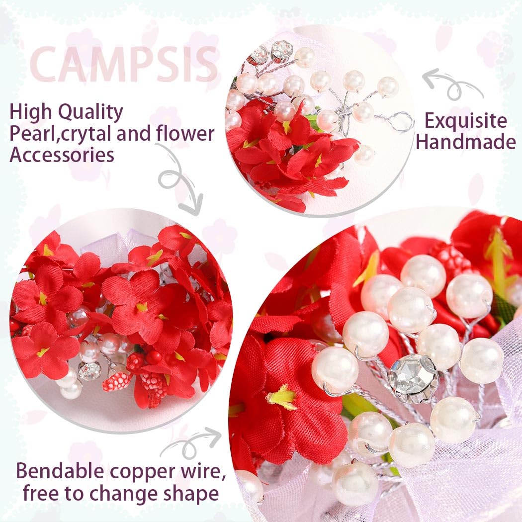 Campsis Flower Princess Headbands Pearl Communion Hair Accessories Crystal Birthday Photography Hair Band for Women and Girls (Red)