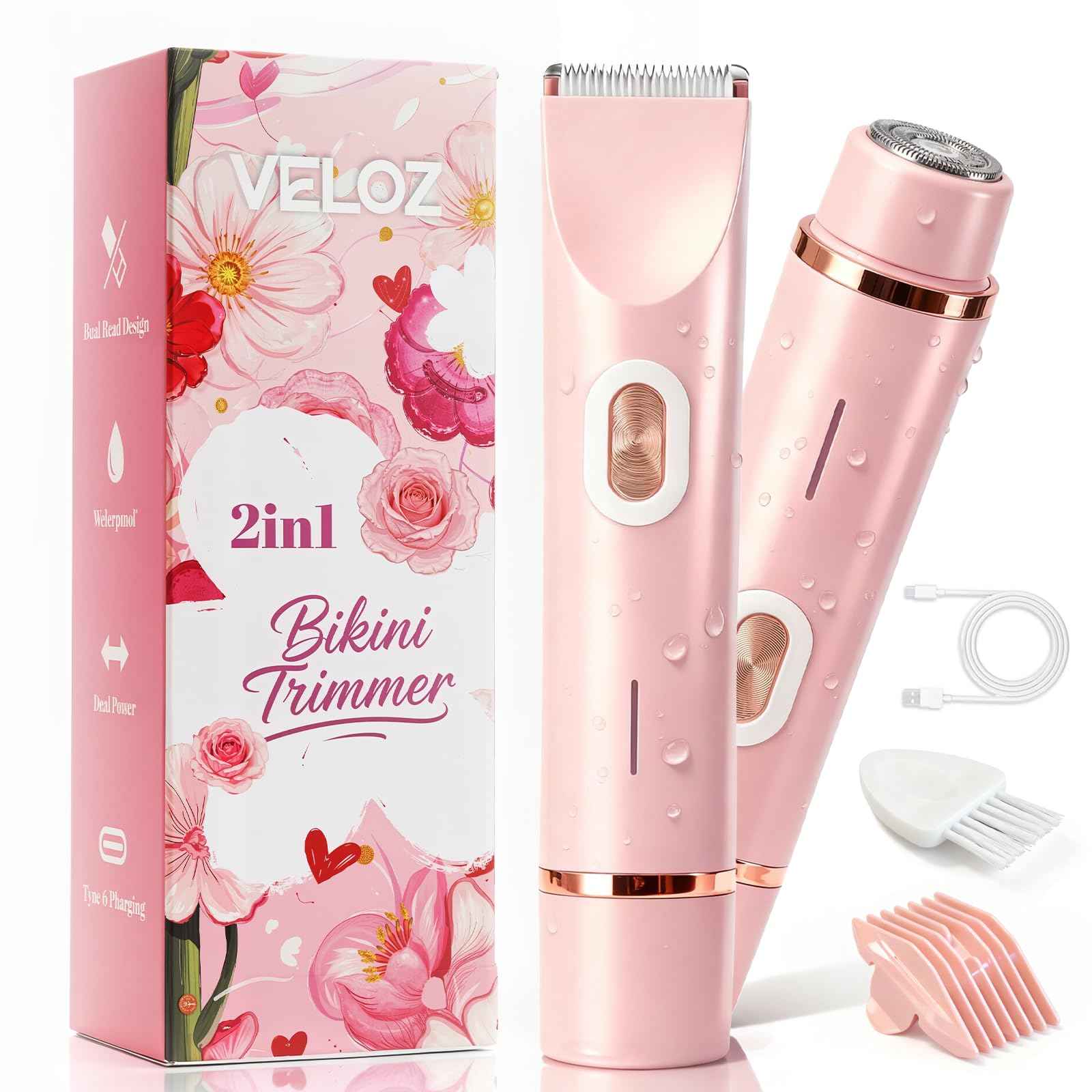 VELOZ Bikini Trimmer for Women Dual Head - IPX7 Waterproof & Painless Electric Razors for Women Bikini Line, Legs, Underarms, Face - Portable Cordless Shaver | Ideal Christmas Gift for Her