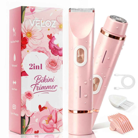VELOZ Bikini Trimmer for Women Dual Head - IPX7 Waterproof & Painless Electric Razors for Women Bikini Line, Legs, Underarms, Face - Portable Cordless Shaver | Ideal Christmas Gift for Her