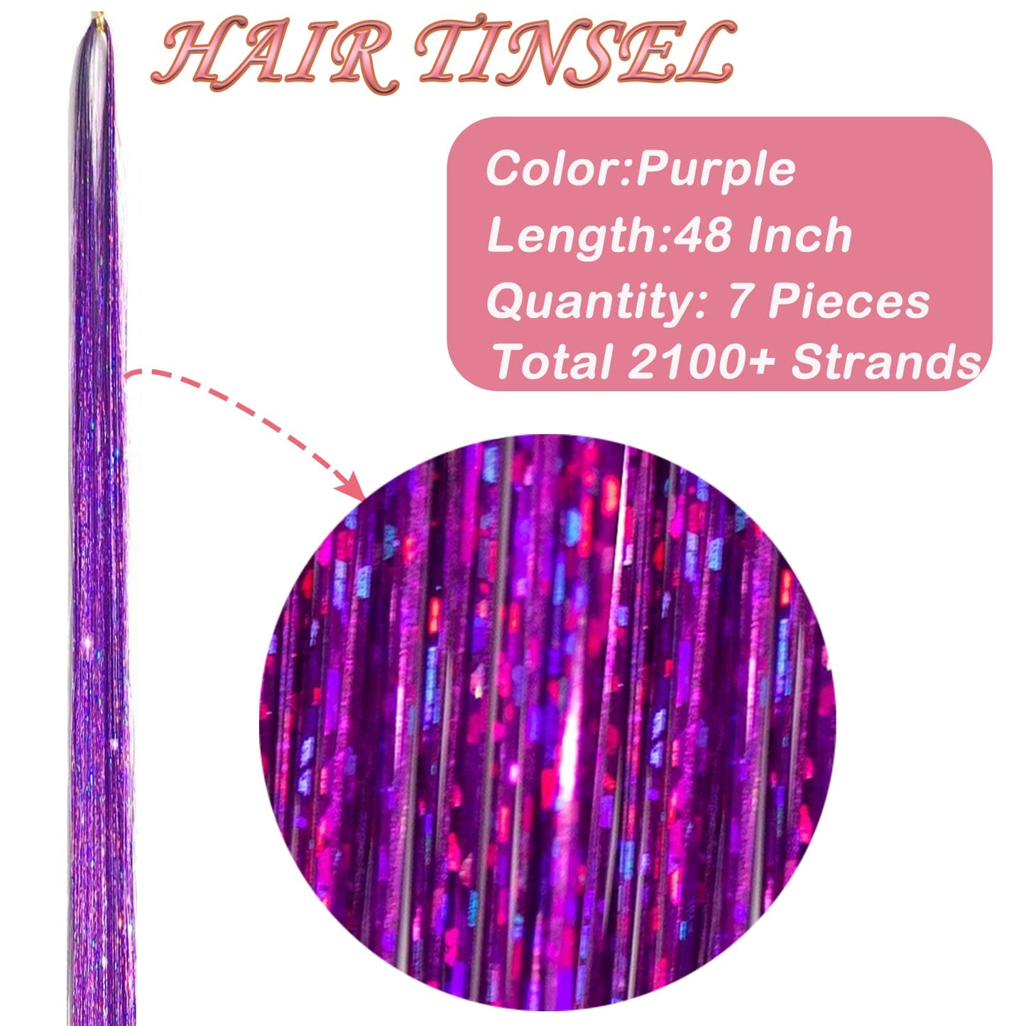 Purple Hair Tinsel Kit: 48 Inches 7Pcs 2100 Sparkling Strands Glitter Tinsel Hair Extensions with Tools - Fairy Heat Resistant Hair Tinsel Accessories for Women Girls Kids