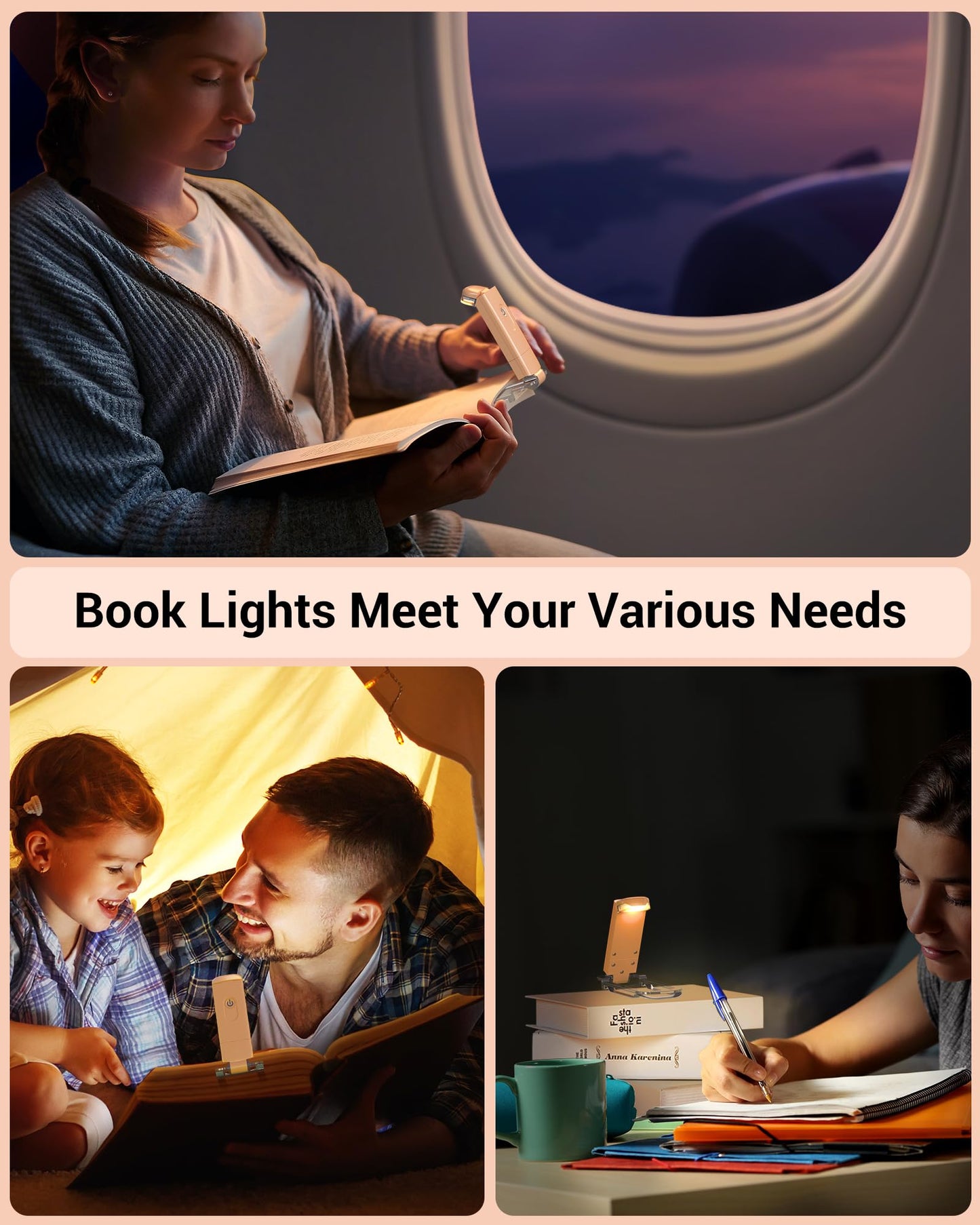 DEWENWILS USB Rechargeable Book Reading Light, LED Clip on Booklight Flexible Reading Lights in Bed, Car at Night, Warm White, Brightness Adjustable, Perfect for Bookworms, Kids (Peach Fuzz)