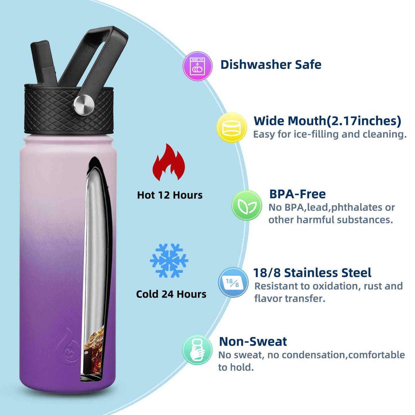 BJPKPK Insulated Water Bottles with Straw Lid, 22oz Cold & Hot Water Bottle, Stainless Steel Metal Water Bottle with 3 Lids, Reusable Thermos, Cups, Mugs for Daily Water Intake-Violet