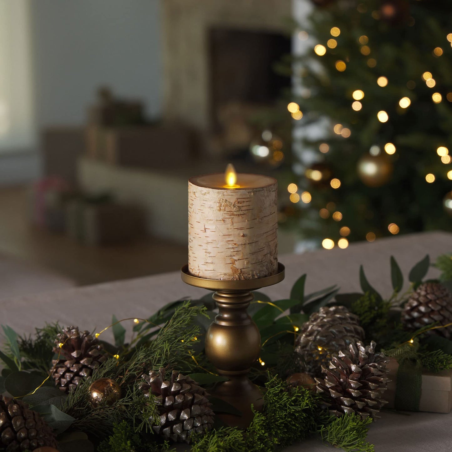 Luminara Flameless Candle Pillar Wrapped with Real Birch Bark - Moving Flame LED Battery Operated Lights - Unscented - Remote Sold Separately (3.5 x 4.5-inch)