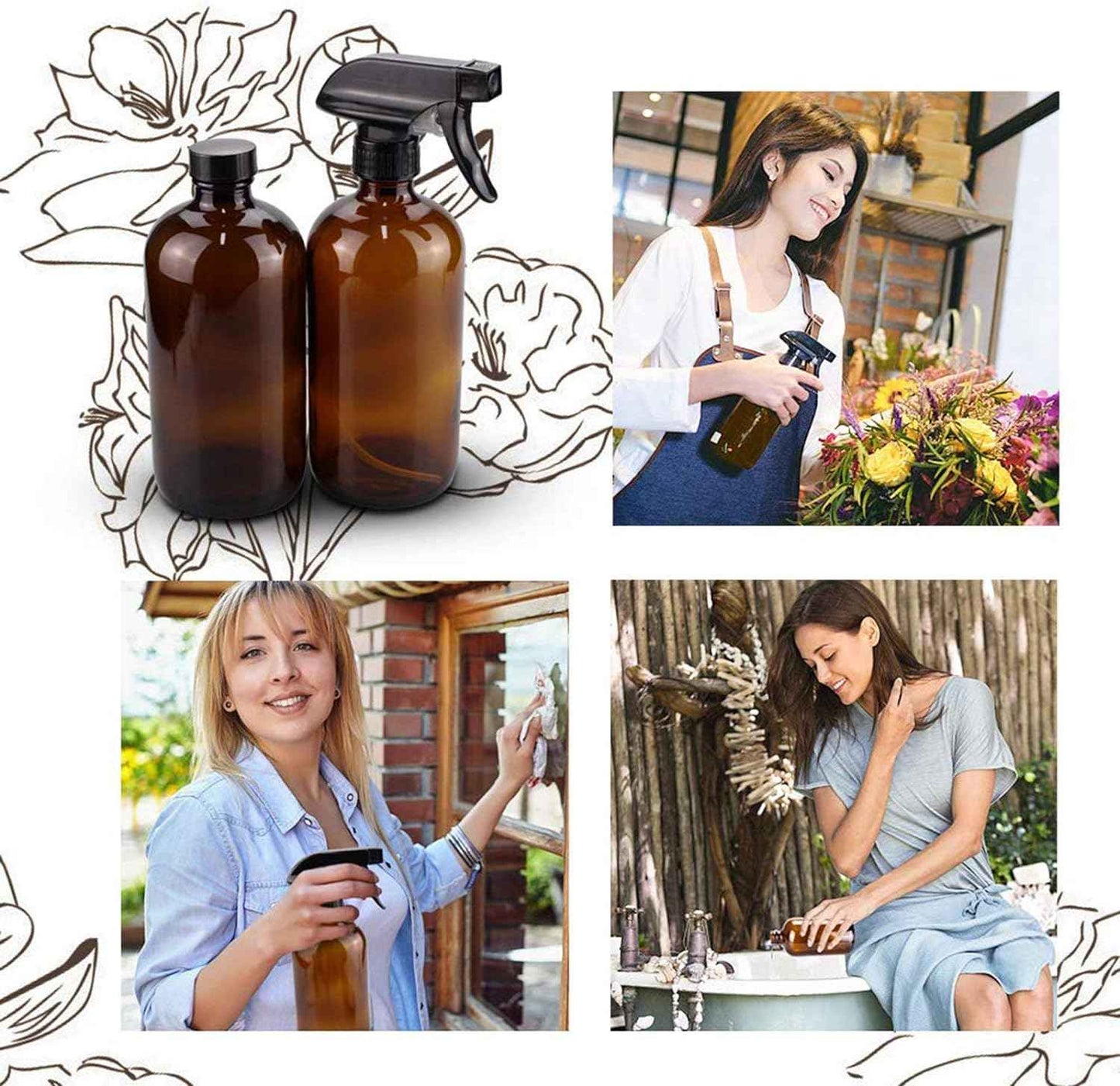 QINGYA 14 Pack amber glass bottle Set,Empty Refillable Essential Oil Bottle,Multi Size and Versatile(16oz x2,8oz x2,4oz x2,2oz x2) with Labels