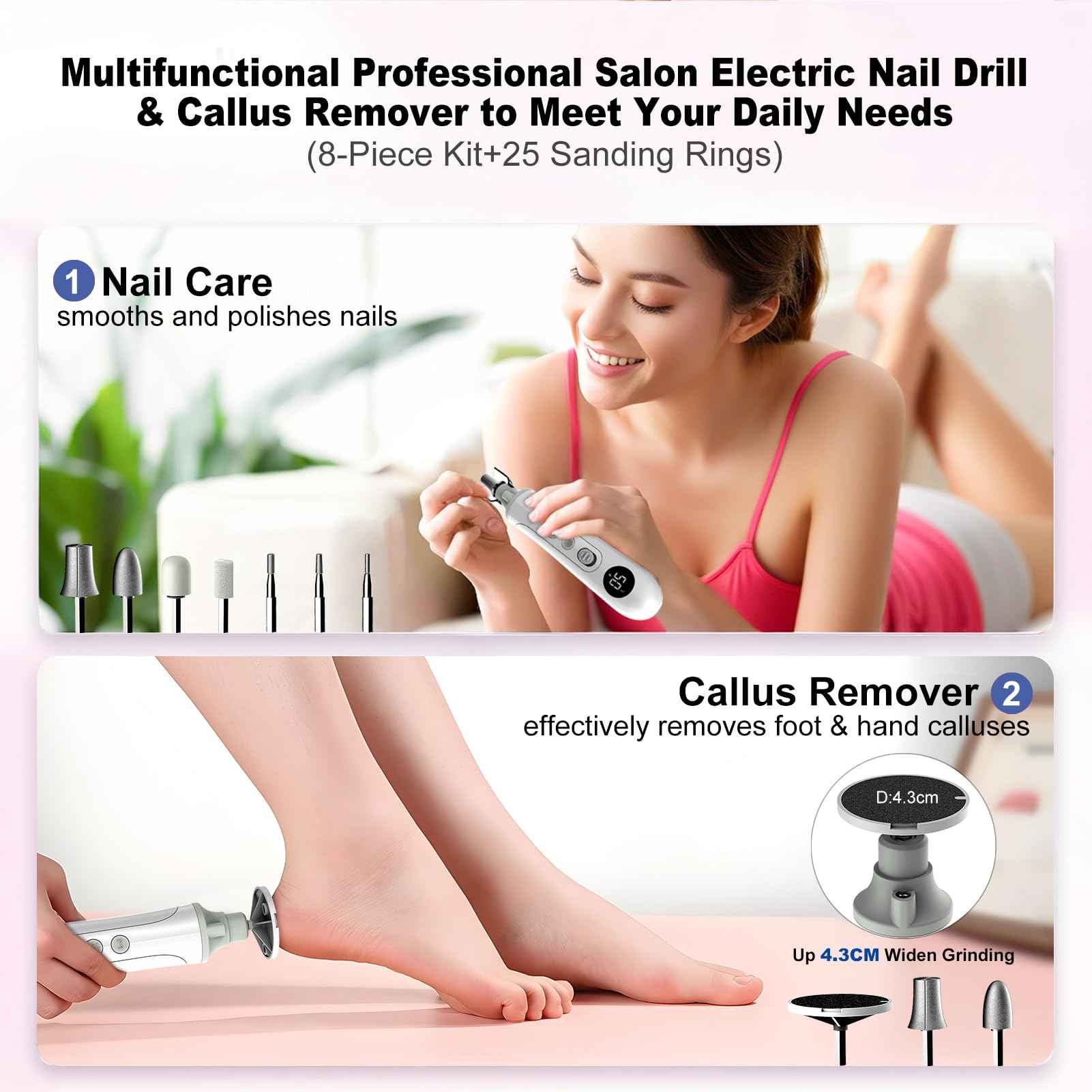 2-in-1 Professional Cordless Electric Nail Drill File&Callus Remover for Feet Hand Care-Wider Grinder for Dead Skin,Thick Nails,Acrylic Gel Nails,15 Speed,LED Display for Women Men Seniors Home Salon