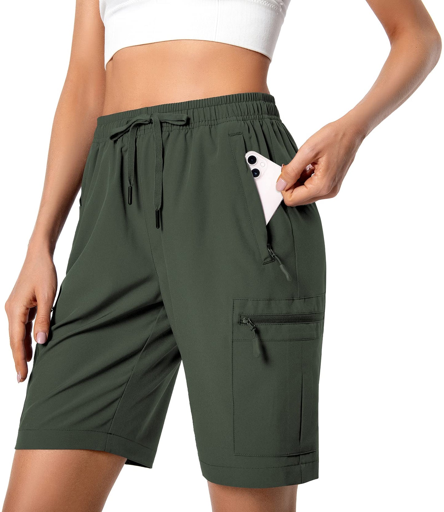 Women's Lightweight Hiking Cargo Shorts Quick Dry Athletic Shorts for Camping Travel Golf with Zipper Pockets Water Resistant Army Green