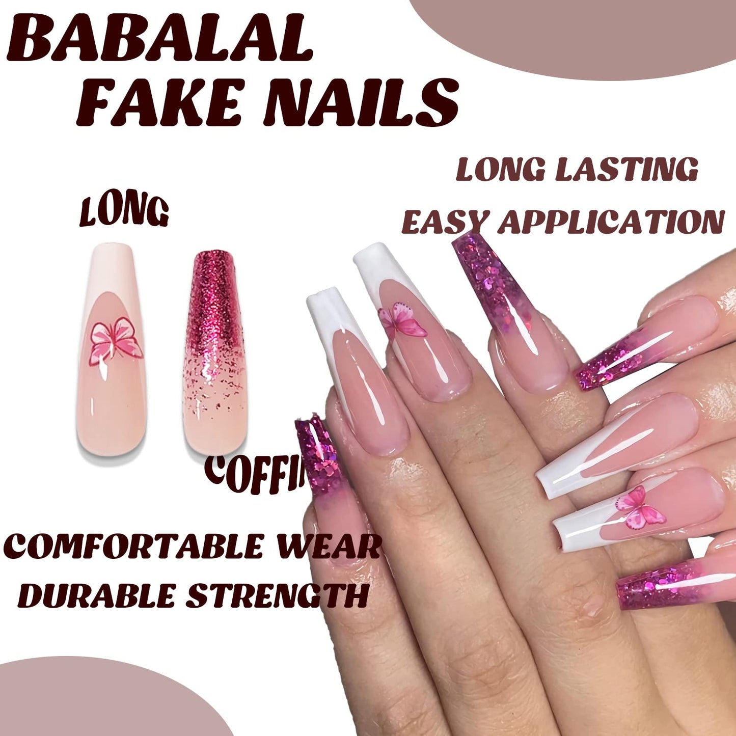 BABALAL Coffin Press on Nails Long Fake Nails Pink Butterfly Glue on Nails White French Shiny Ballerina Acrylic Nails Press on