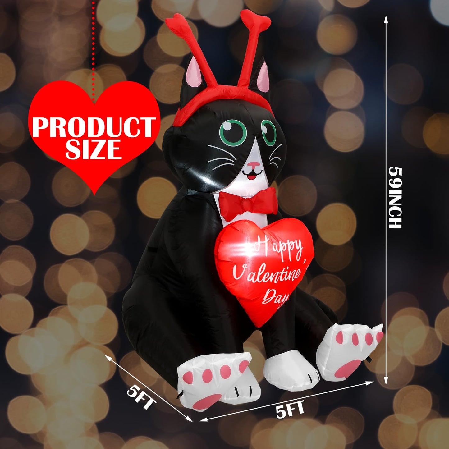 Leyndo 5 ft Height Cat Valentine's Day Inflatables with Built in LED Lights Cat with Hearts Blow up Valentine's Day Decoration Inflatable Outdoor Holiday Yard Decorations for Garden Party