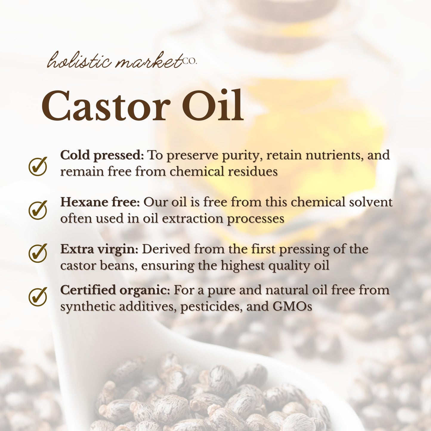 Holistic Market Co. Castor Oil Certified Organic 100% Pure Cold Pressed Hexane Free Extra Virgin Premium Quality For Use In Castor Oil Packs