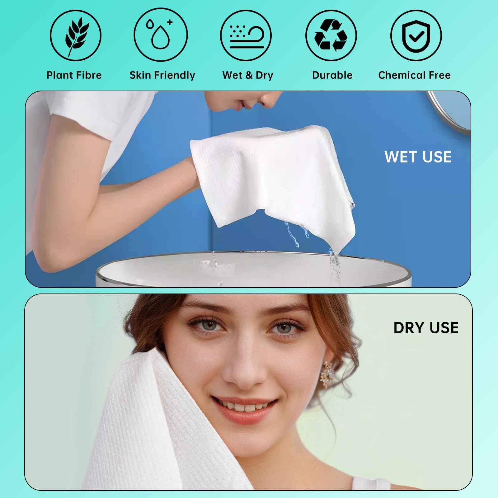 ONLYCARE Disposable Face Towel, Biodegradable Face Towels, 10" x 12" Super Thick Soft Facial Towels, 150 Count Face Towelettes Disposable for Sensitive Skin, Makeup Remover Dry Wipes, 3 Pack