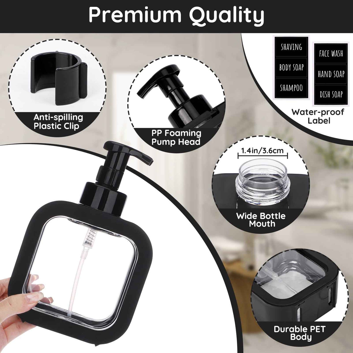 Segbeauty 16.9oz Foam Pump Bottle Set, 4 Packs 500ml Refillable Plastic Foaming Soap Dispenser, Empty Foaming Plastic Soap Dispenser Square Hand Soap Bottles with Foaming Pump for Modern Kitchen Sink