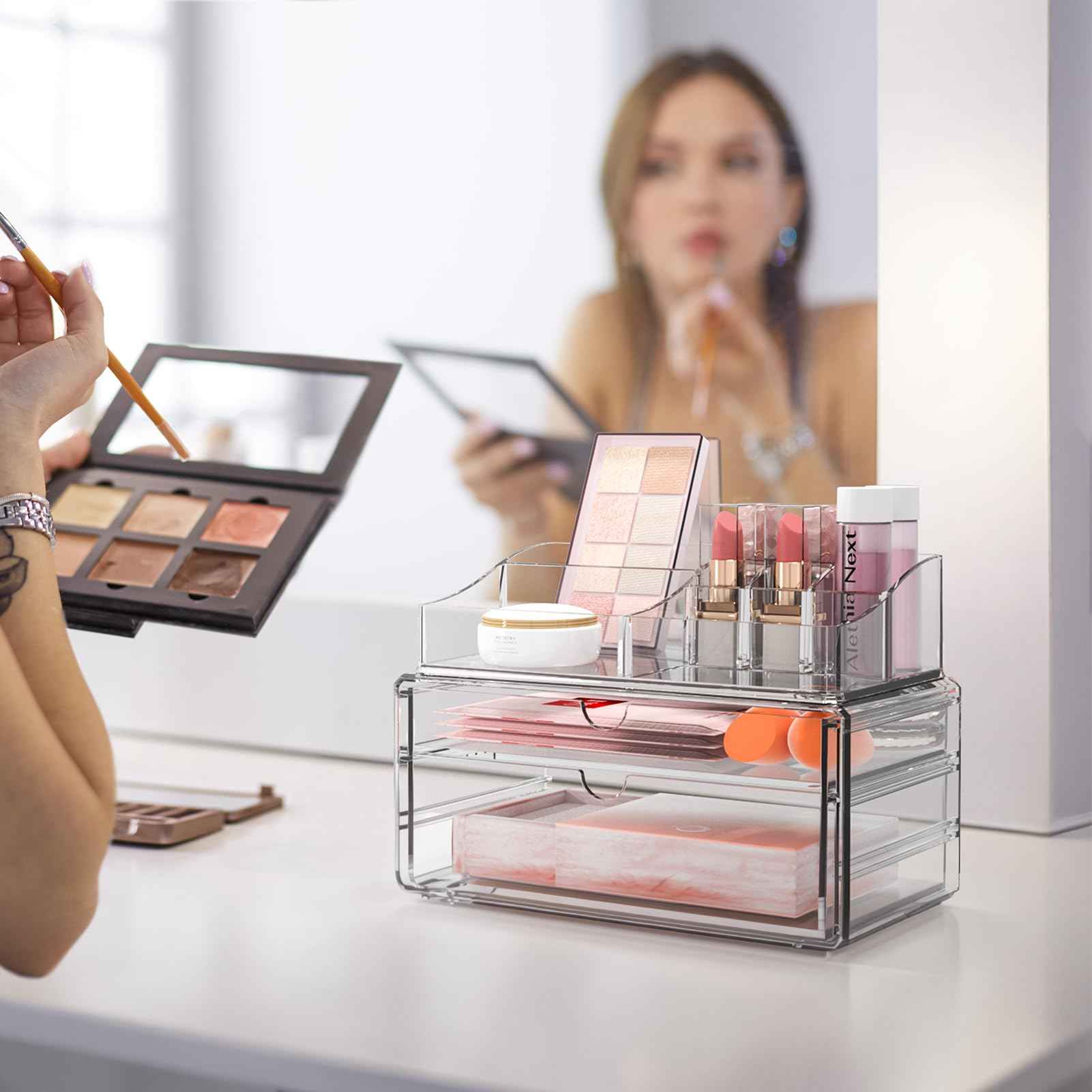 Delamu 3-Tier Clear Makeup Organizer with Drawer, Acrylic Cosmetic Display Case for Makeup Vanity Bathroom Counter Organizers and Storage, Stackable Vanity Organizer for Brushes Lipsticks Skincare