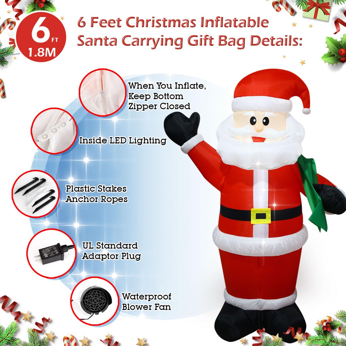 FARONZE Christmas Inflatable Santa Claus Lighted Interior Inflatable Christmas Decoration with Built-in Fan and Anchor Ropes (6FT Santa Carry Bag)