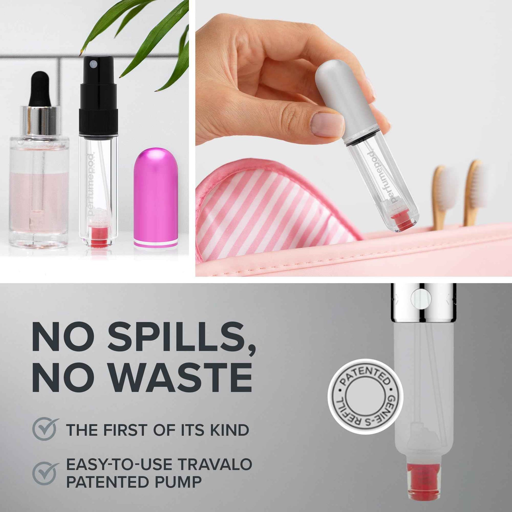 Travalo Pod Pure Perfume Atomizer Duo w/Pouch - Leak-Proof and TSA Approved for Air Travel - Reusable, Airtight, Easy-Fill Mini Pump Sprayer - Clear Body - Lid Colors Silver & Perfect Pink - 2 Pack