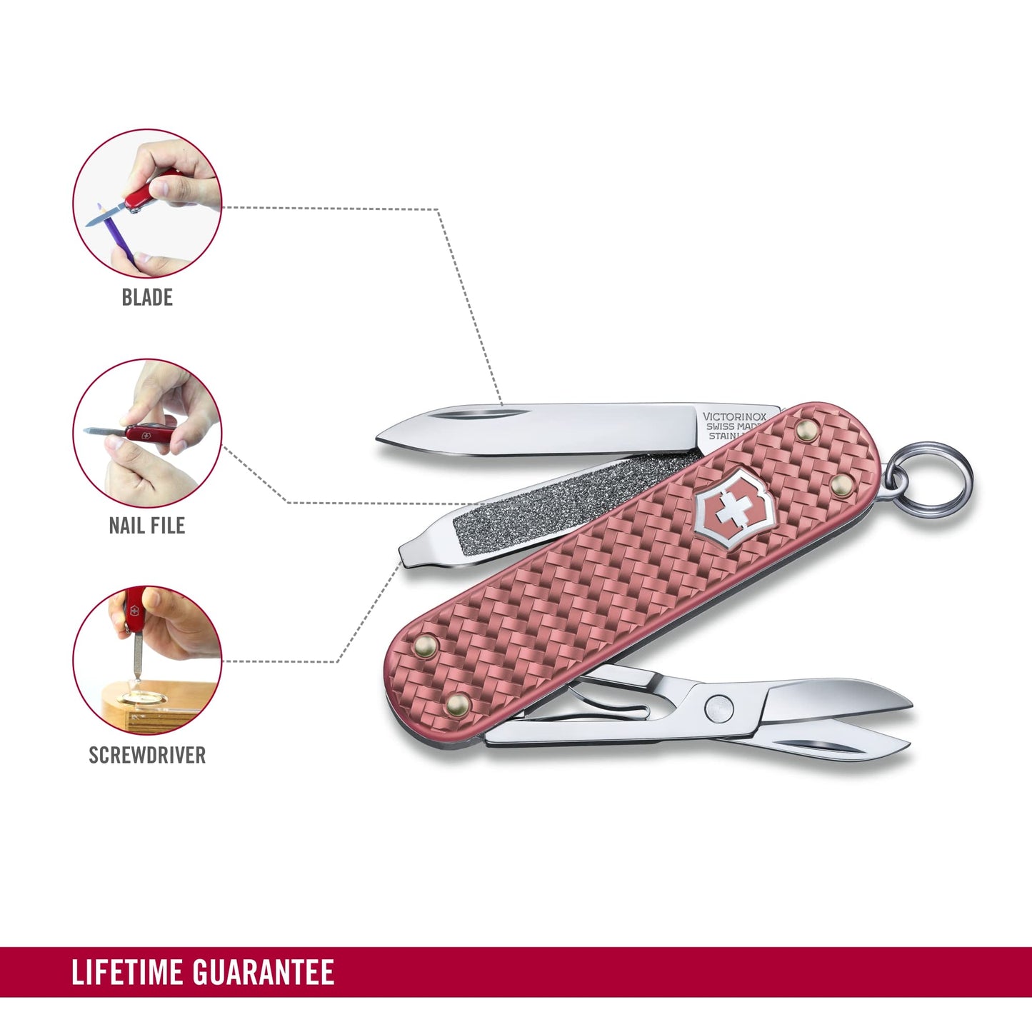 Victorinox Classic SD Precious Alox Swiss Army Knife, Compact 5 Function Swiss Made Pocket Knife with Small Blade, Screwdriver and Key Ring - Gentle Rose