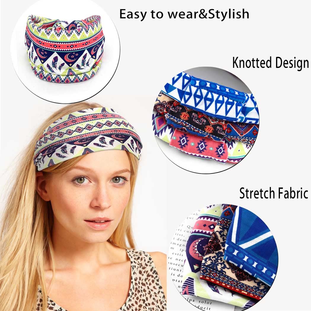 Bohend Boho Headband Wide Stretchy Hairband 3Pcs Daily Use Knotted Headwear Sport Athletic Yoga Gym Hair Accessories for Women and Girls (B)