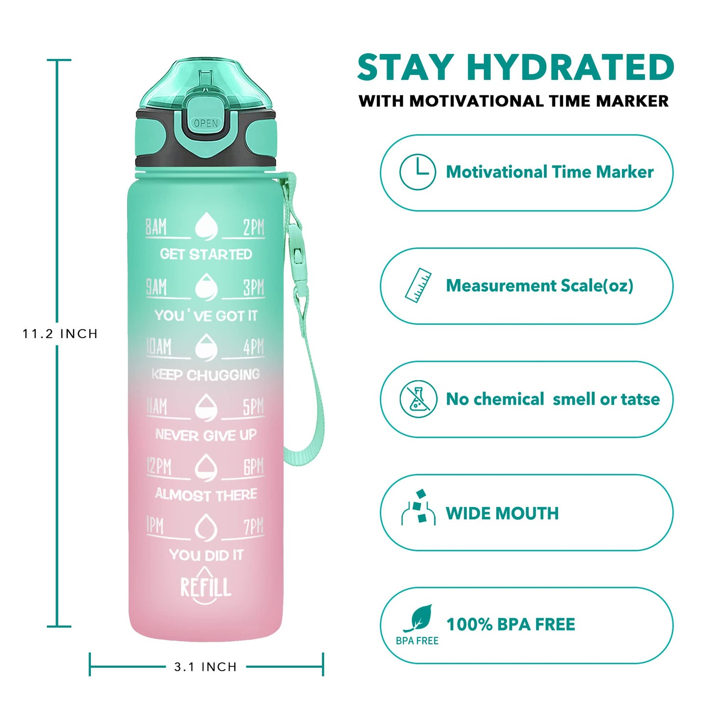 Enerbone 32 oz Water Bottle with Times to Drink and Straw, Motivational Drinking Water Bottles with Carrying Strap, Leakproof BPA & Toxic Free, Ensure You Drink Enough Water for Fitness Gym Outdoor