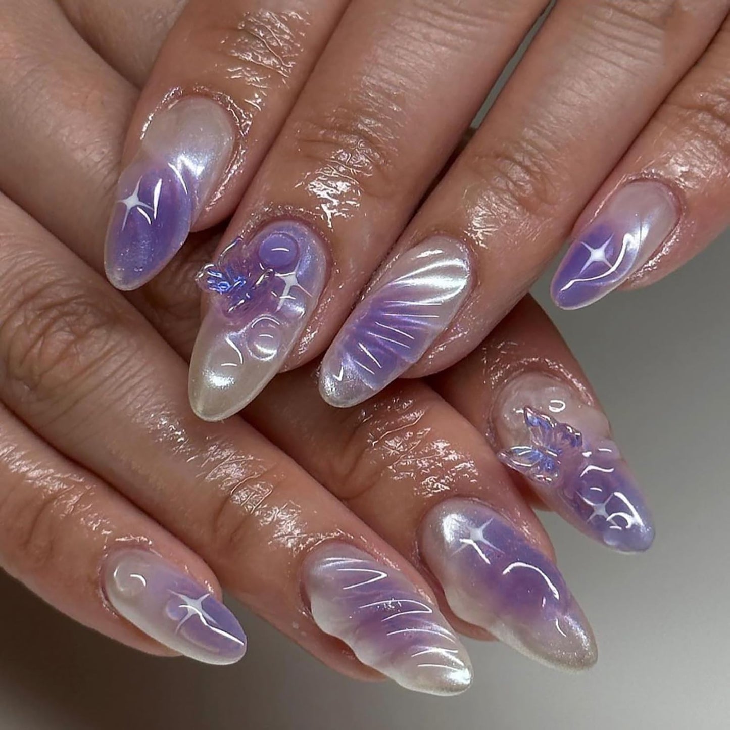 24 Pcs Almond Press on Nails Medium Fake Nails White Full Cover False Nails with Purple Butterfly Designs Glossy 3D Nail Charms French Tip Nails Stick on Nails for Women Girls