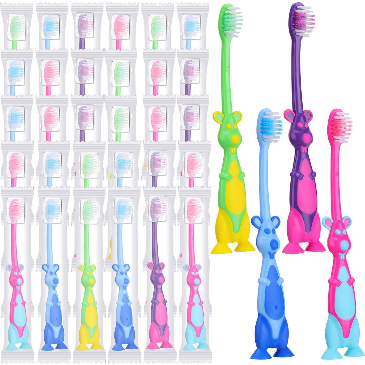 Gerrii 100 Pcs Kids Toothbrushes Bulk Soft Lovely Little Kangaroo with Covers Suction Cup Individually Wrapped for Children Toddler Home School Camp Daycare Travel