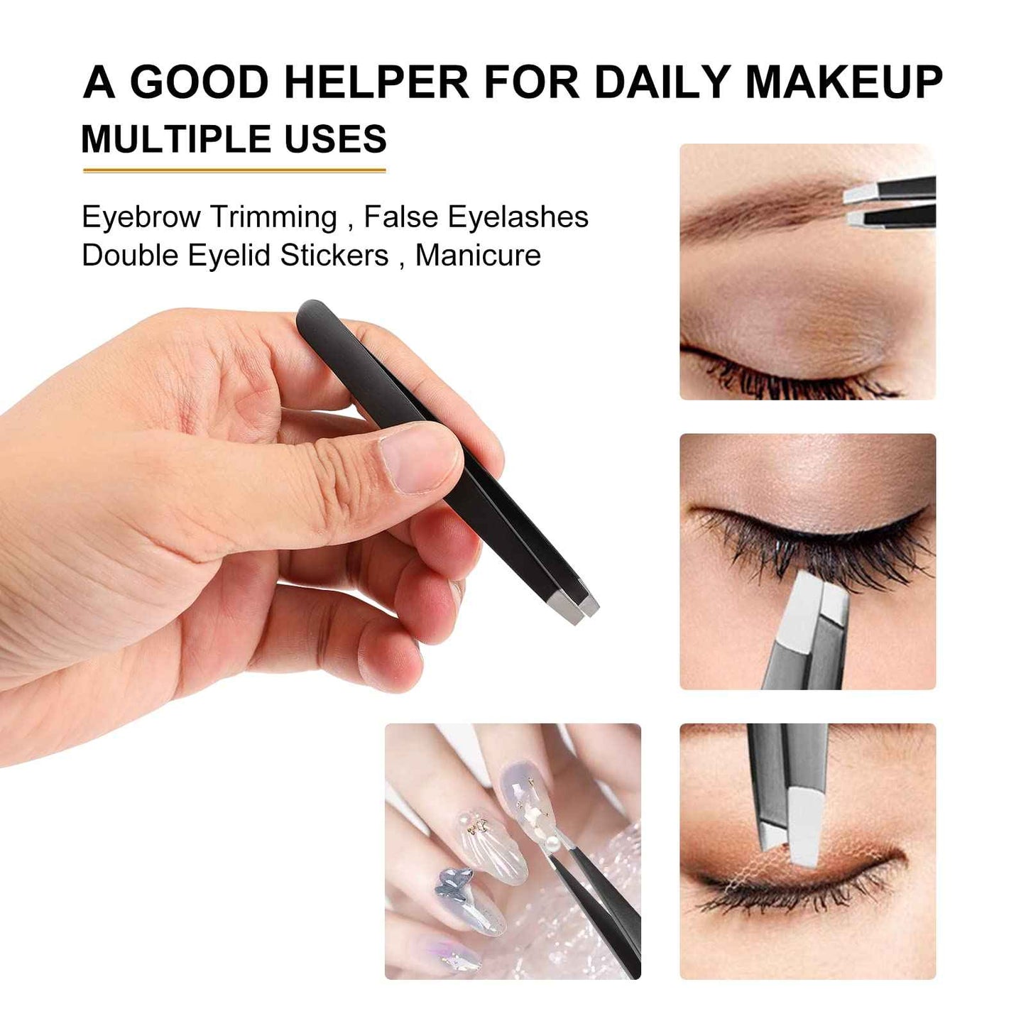 SetSail 4-Piece Tweezers Set, Eyebrow Tweezers Black Stainless Steel Slant, Slanted Pointed, Round Pointed & Flat Tip Tweezers for Precision Grooming for Women & Men