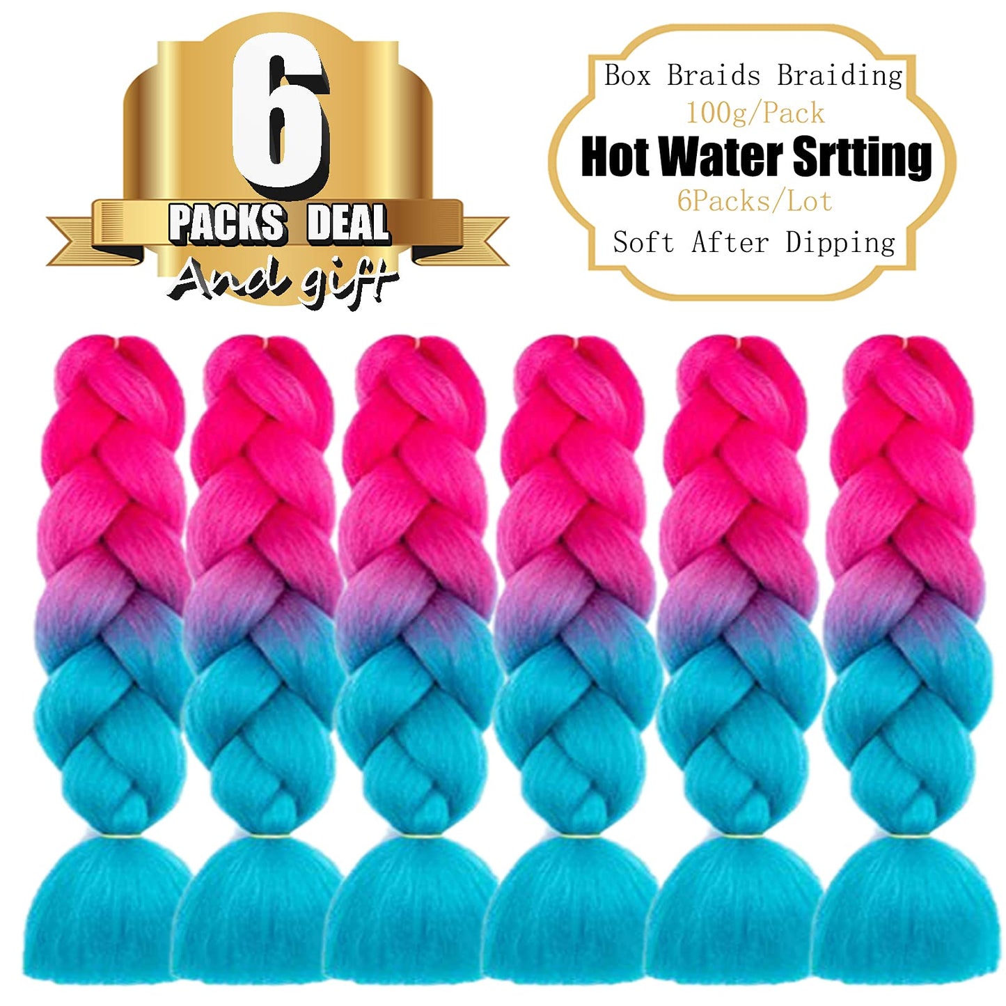 TENGSHUO FLY Pink Lake Blue Braiding Hair 6 Packs Synthetic Braid Hair Extensions Jumbo Ombre Braiding Hair 24 Inch or Box Braids Twist Crochet Braids(24"6Pack,Pink Lake Blue)