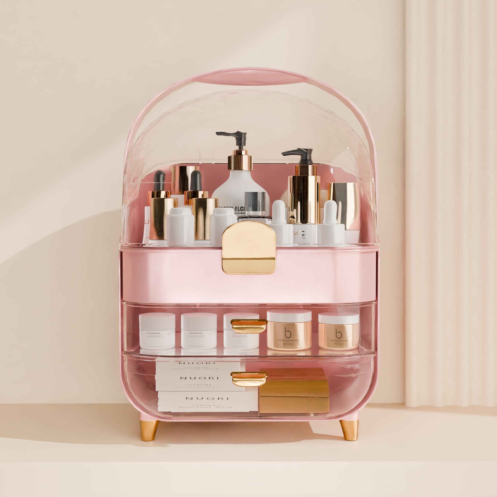 Makeup Organizer Countertop With Lid And Drawers Large Skin Care Cosmetic Display Case Holder for Vanity Desk Bathroom Storage Box,Pink