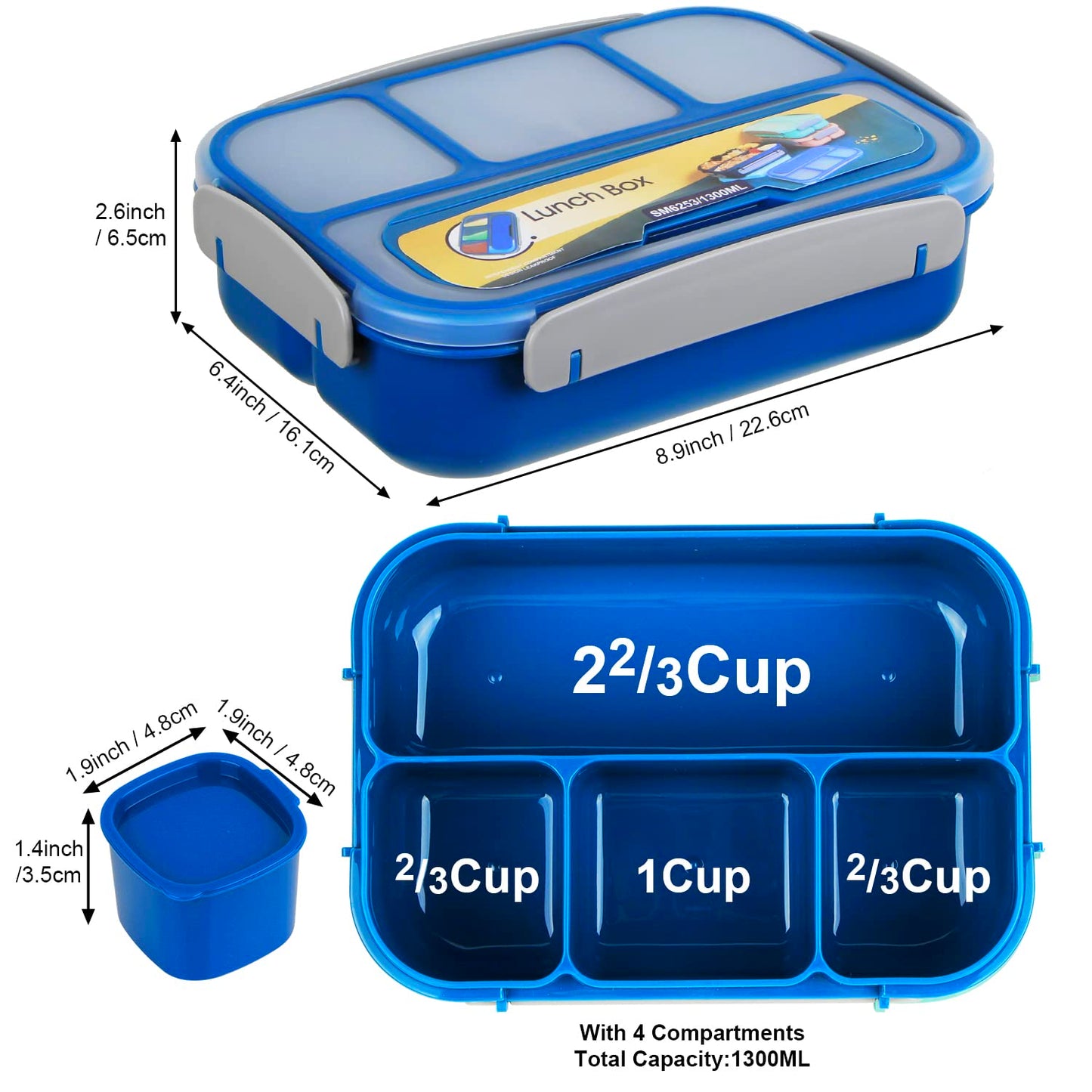 MaMix Bento Lunch Box Adult Box, Kids, Containers for Adults/Kids/Students,1300ML-4 Compartment (bright blue)