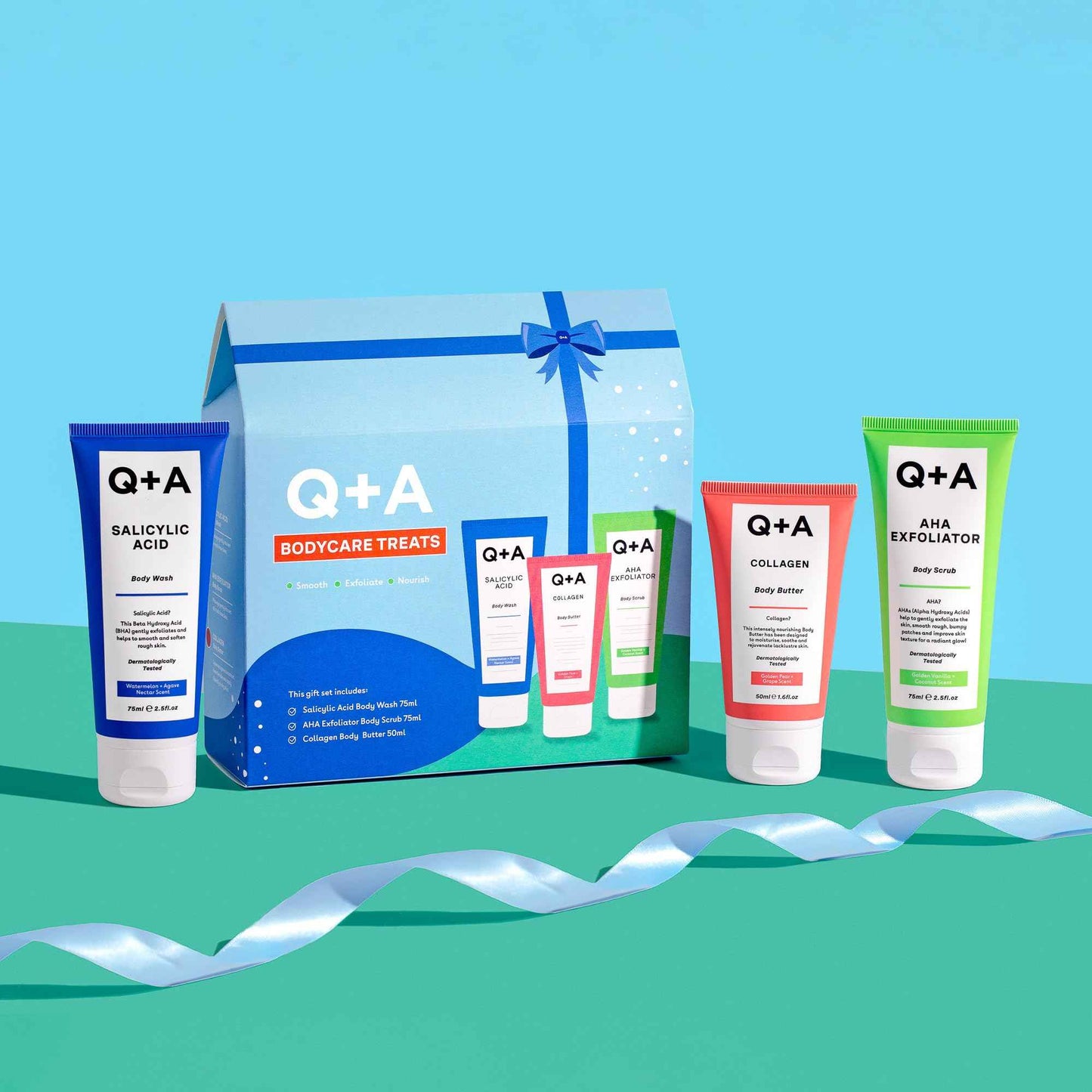 Q+A Bodycare Treats Gift Set, 3-Step Routine for Smooth, Soft Skin, Salicylic Acid Body Wash (75ml), AHA Body Scrub (75ml) & Collagen Body Butter (50ml), Stocking Stuffers and Travel Size Toiletries