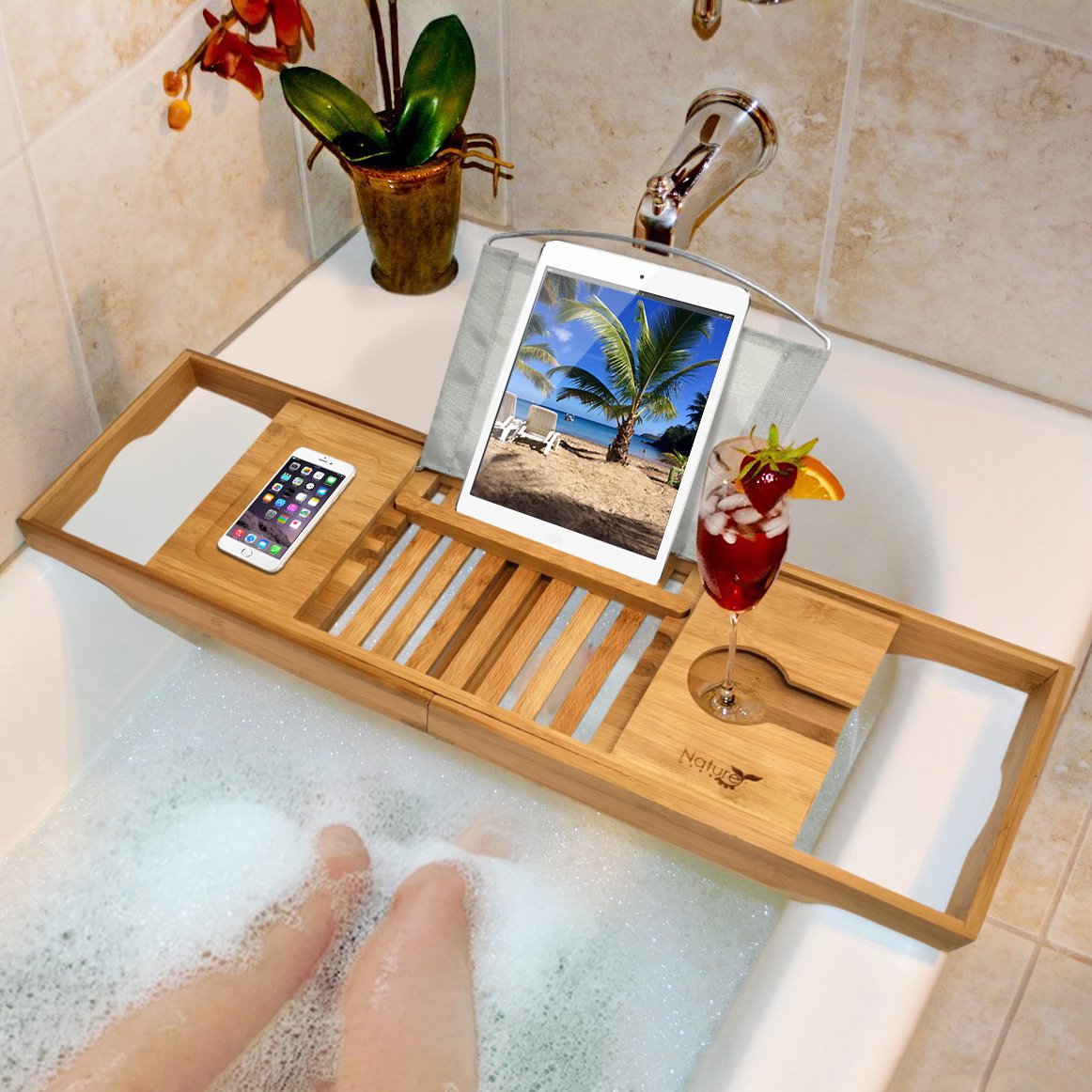 Nature Gear Bamboo Bathtub Tray, Waterproof & Durable Wooden Bath Tray Table for Tub, Extendable Reading Caddy with Phone & Tablet Holder, Easy-to-Adjust Bamboo Trays for Bathroom, Premium Bamboo