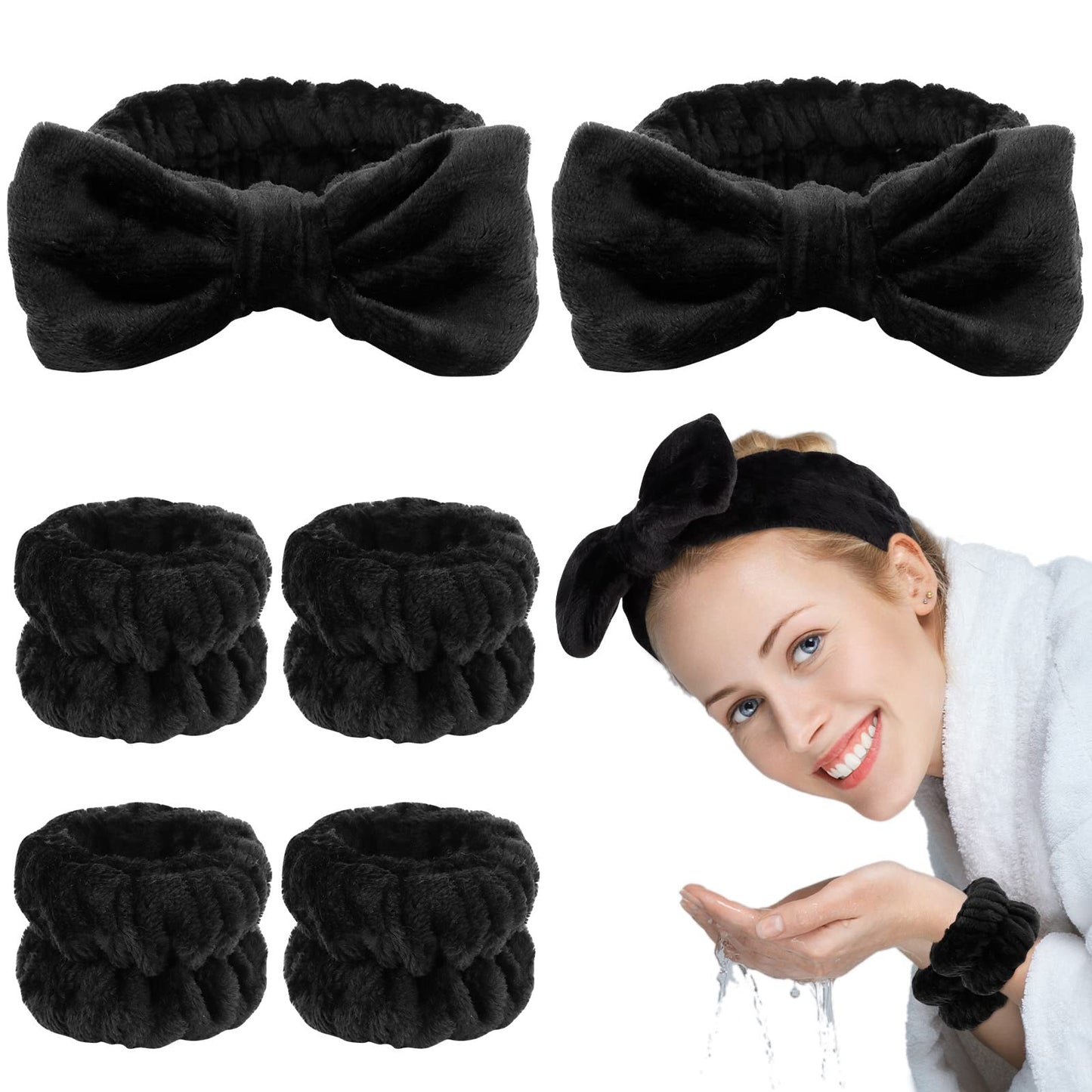 AMCAMI 6 PCS Spa Headband with Wrist Washband Face Wash Set, Makeup Headband and Wristband Towel Scrunchies for Washing Face, Skincare Headband Sleepover Party Supplies for Girls(Black)