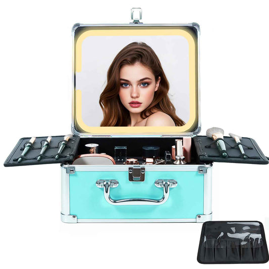 Unicorn Slumber Makeup Organizer Box with Detachable Lighted Mirror, Travel Train Cosmetic Case, Adjustable Divider Storage Bag, Portable Artist Storage Suitcase with Magnetic LED Mirror - Mint