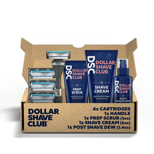 Dollar Shave Club | 4-Blade Ultimate Shave Bundle | Diamond Grip Club Series Razor Handle, 4-Blade Razor Cartridges, Prep Scrub 3oz, Shave Cream 6oz, Post Shave Dew 3.4oz