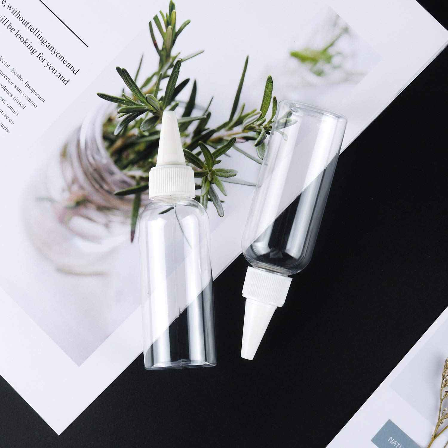 Trendbox 2oz Clear Plastic Bottles Applicator with Twist Top Cap BPA-Free for Hair Oils and Liquids 48 Pack with 48pcs Labels