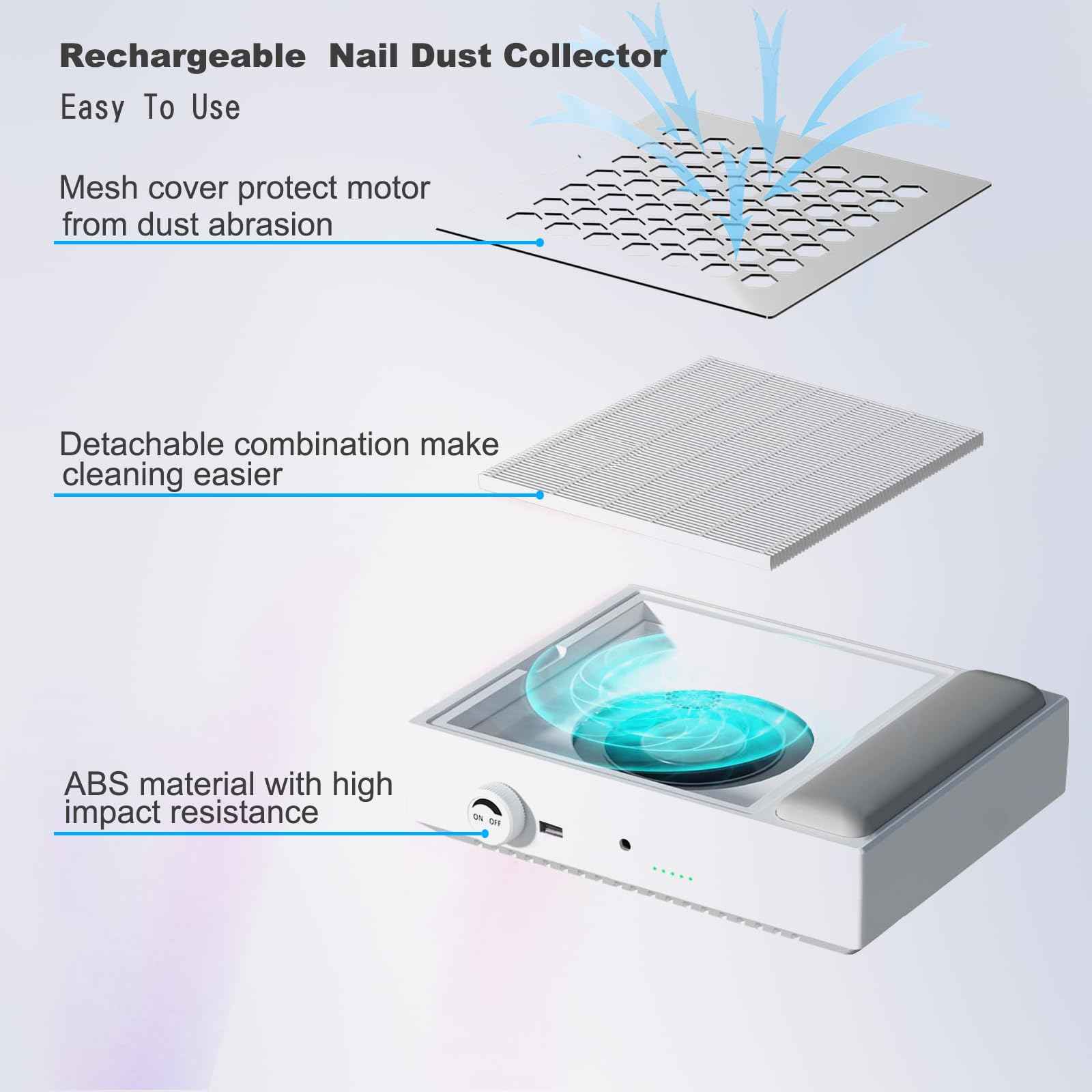 BNYLFGX Nail Dust Collector, Cordless Dust Collector Nail Tech, Powerful Vacuum Fan Vent Dust Collector Extractor Electric Dust Suction Machine for Acrylic Nails Polishing, Nail Salon & Home