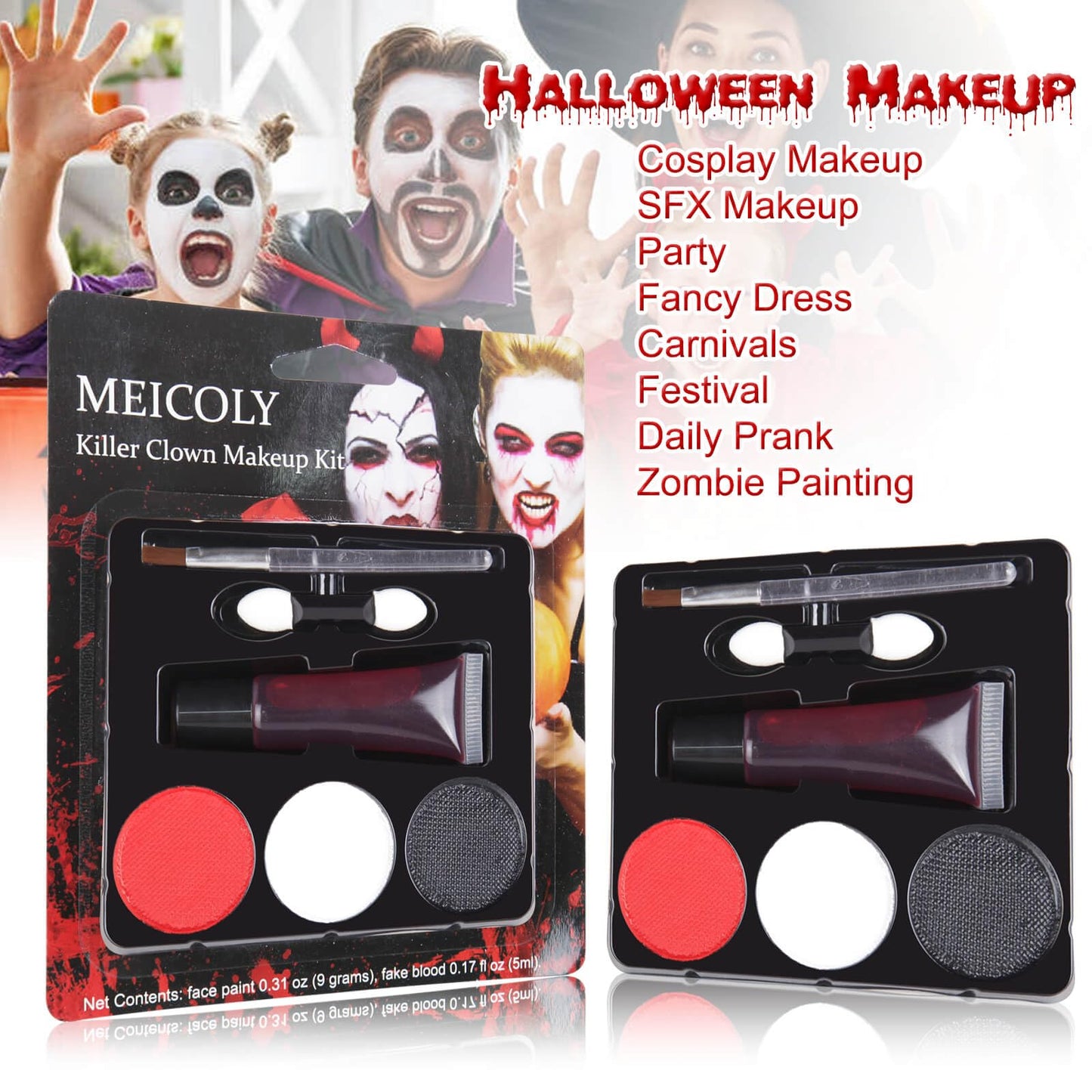 MEICOLY Scary Clown Makeup Kit,Black White Red Face Body Paint with Brush and Fake Blood,Washable Face Paint for Kids,Water Activated SFX Corpse Bride Halloween Cosplay Body Paint for Adults